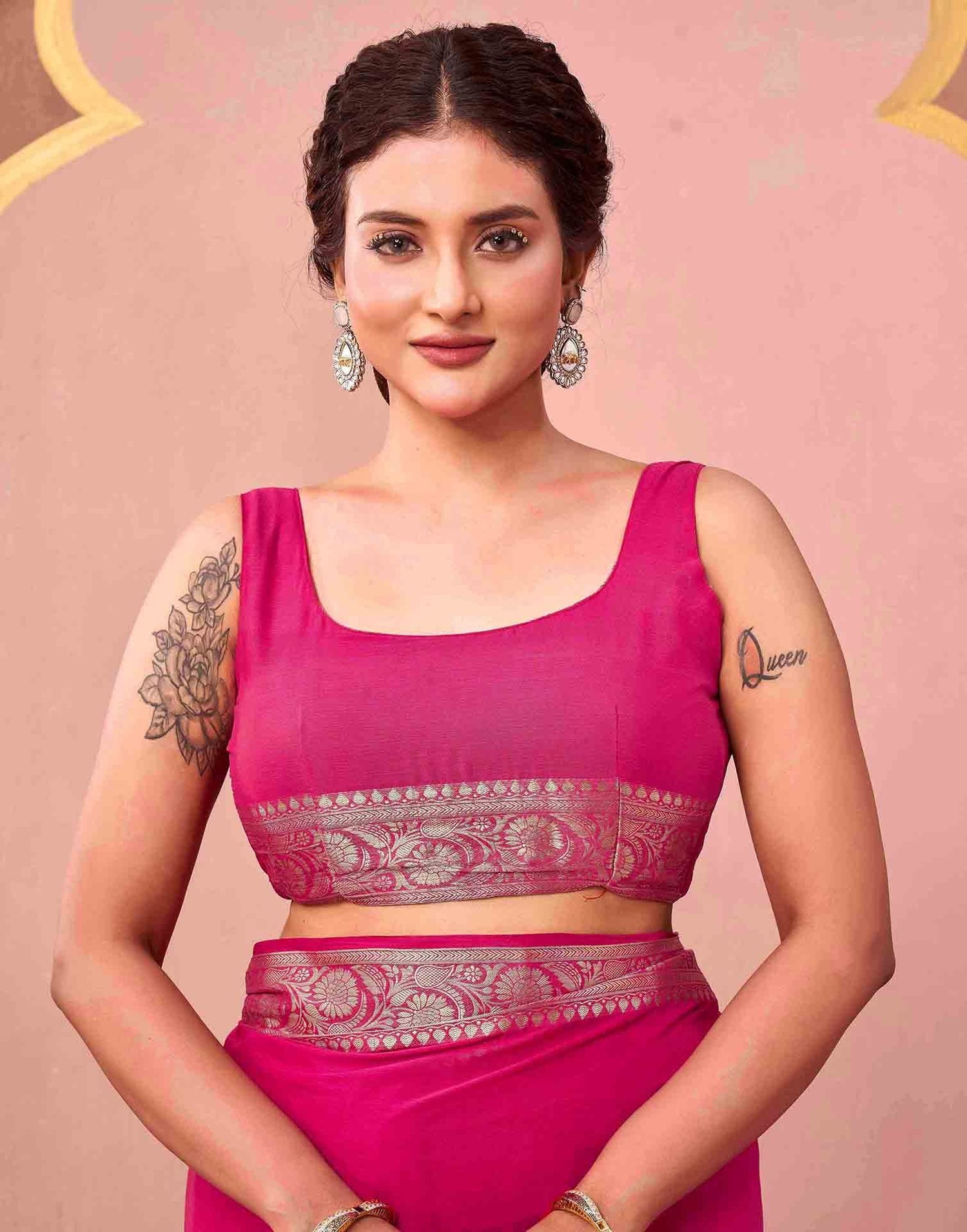 Bright Pink Chiffon Woven Saree