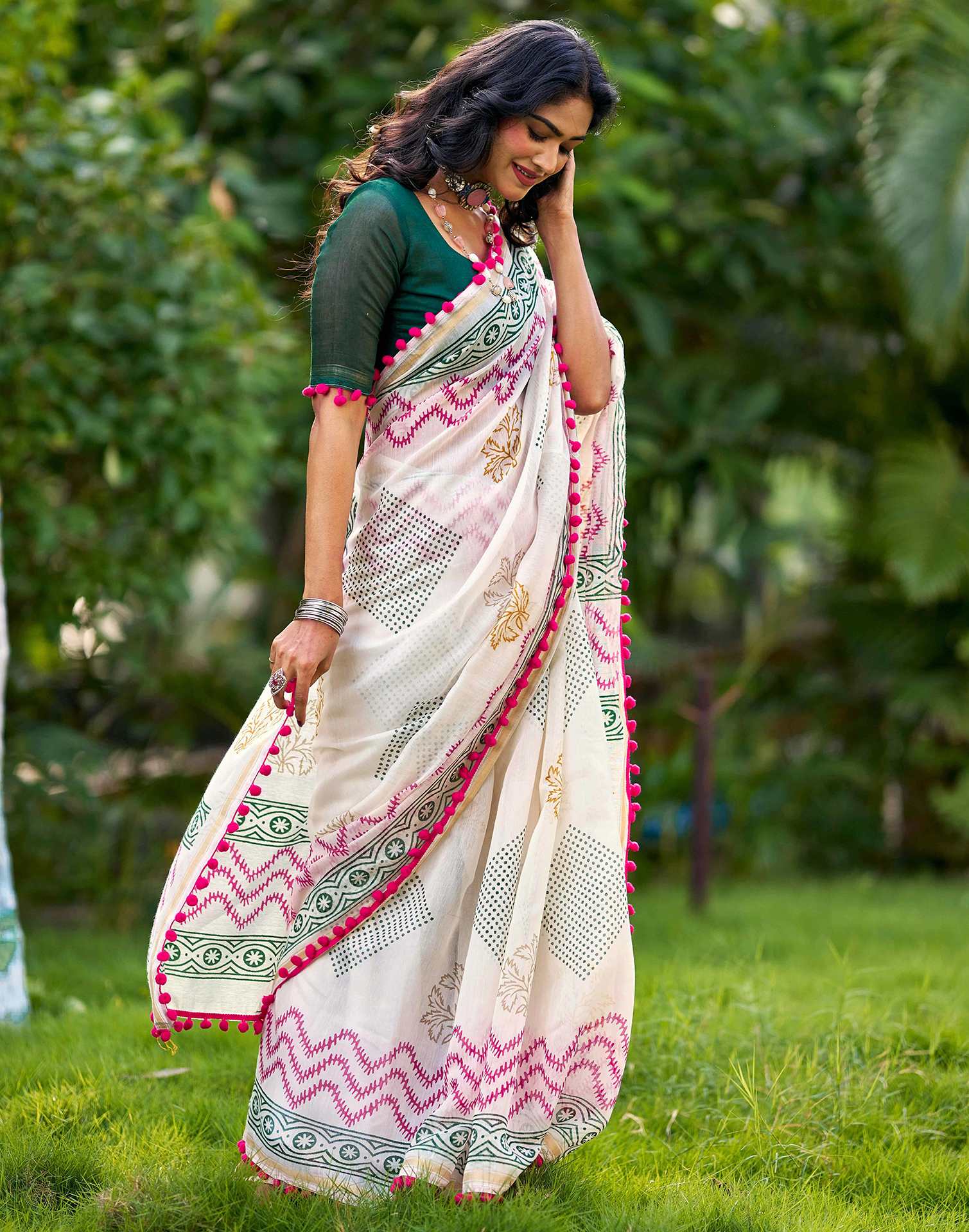 Off White Chanderi Printed Saree