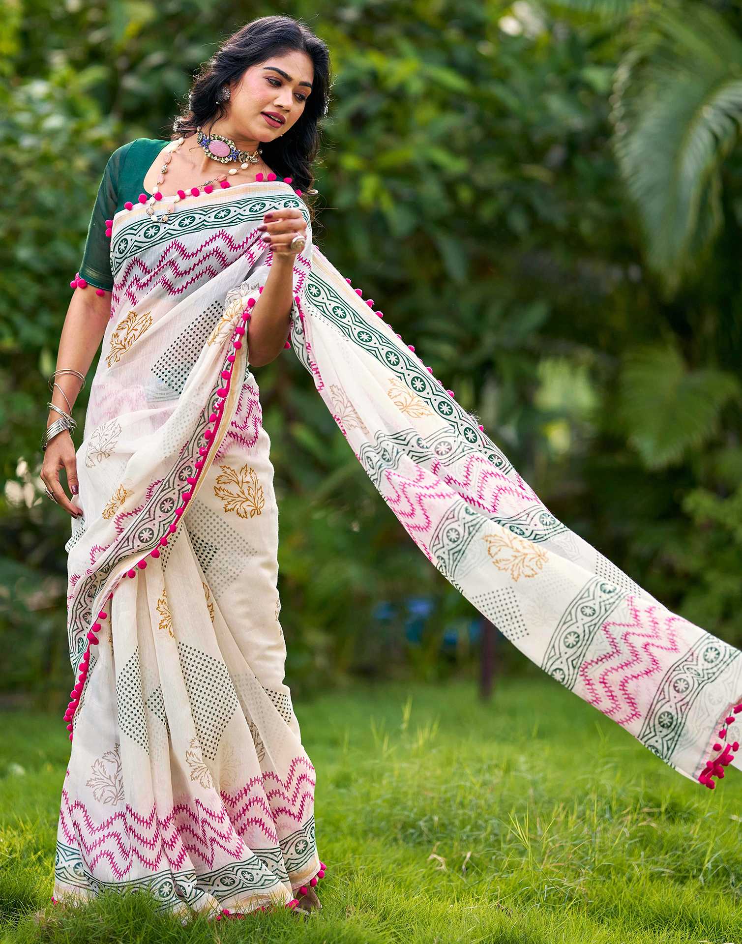 Off White Chanderi Printed Saree