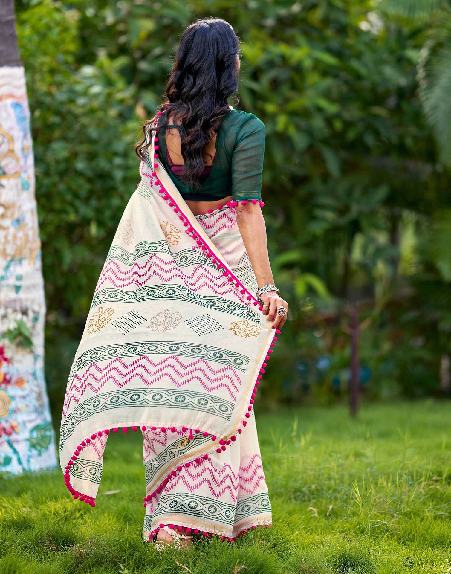 Off White Chanderi Printed Saree