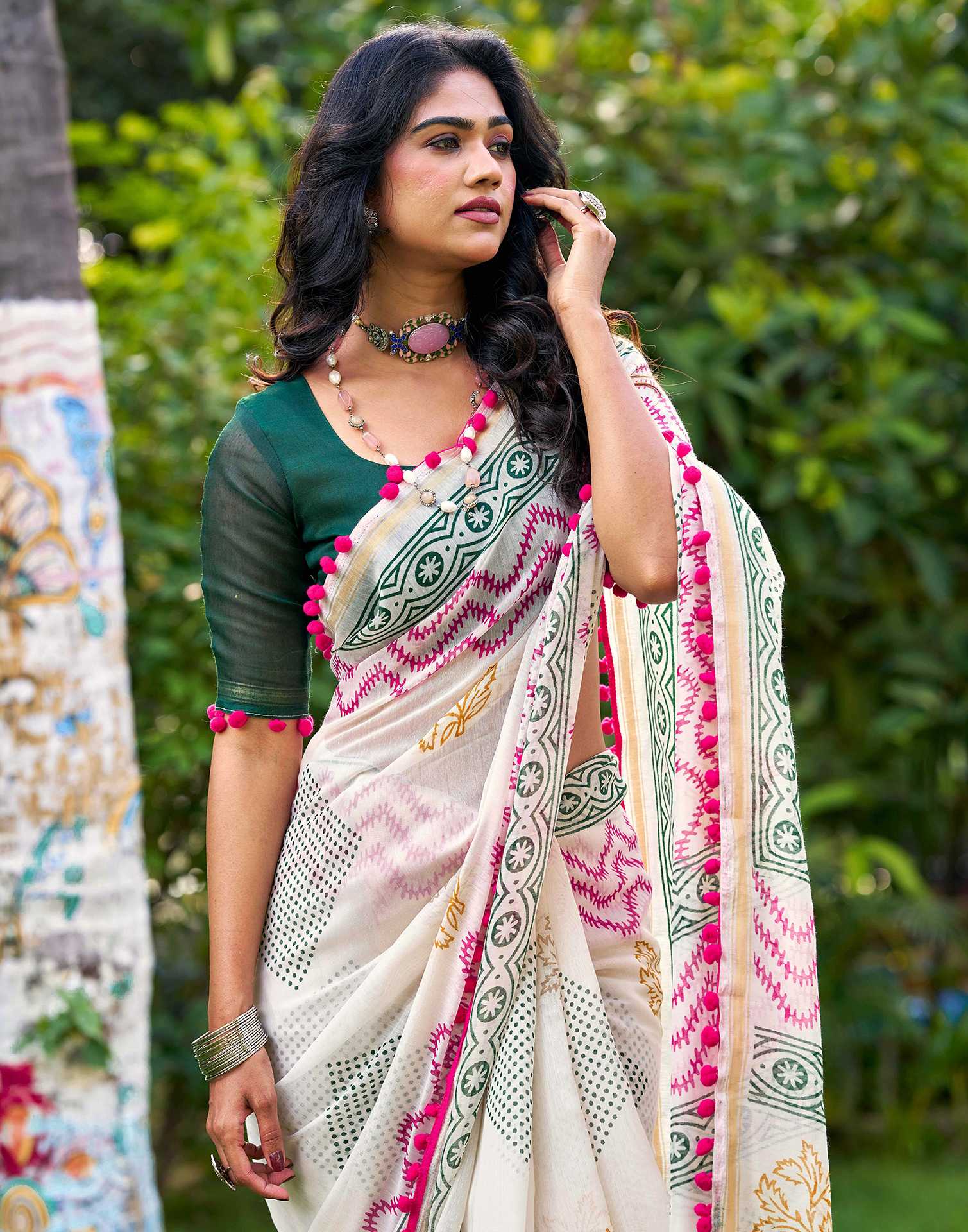 Off White Chanderi Printed Saree