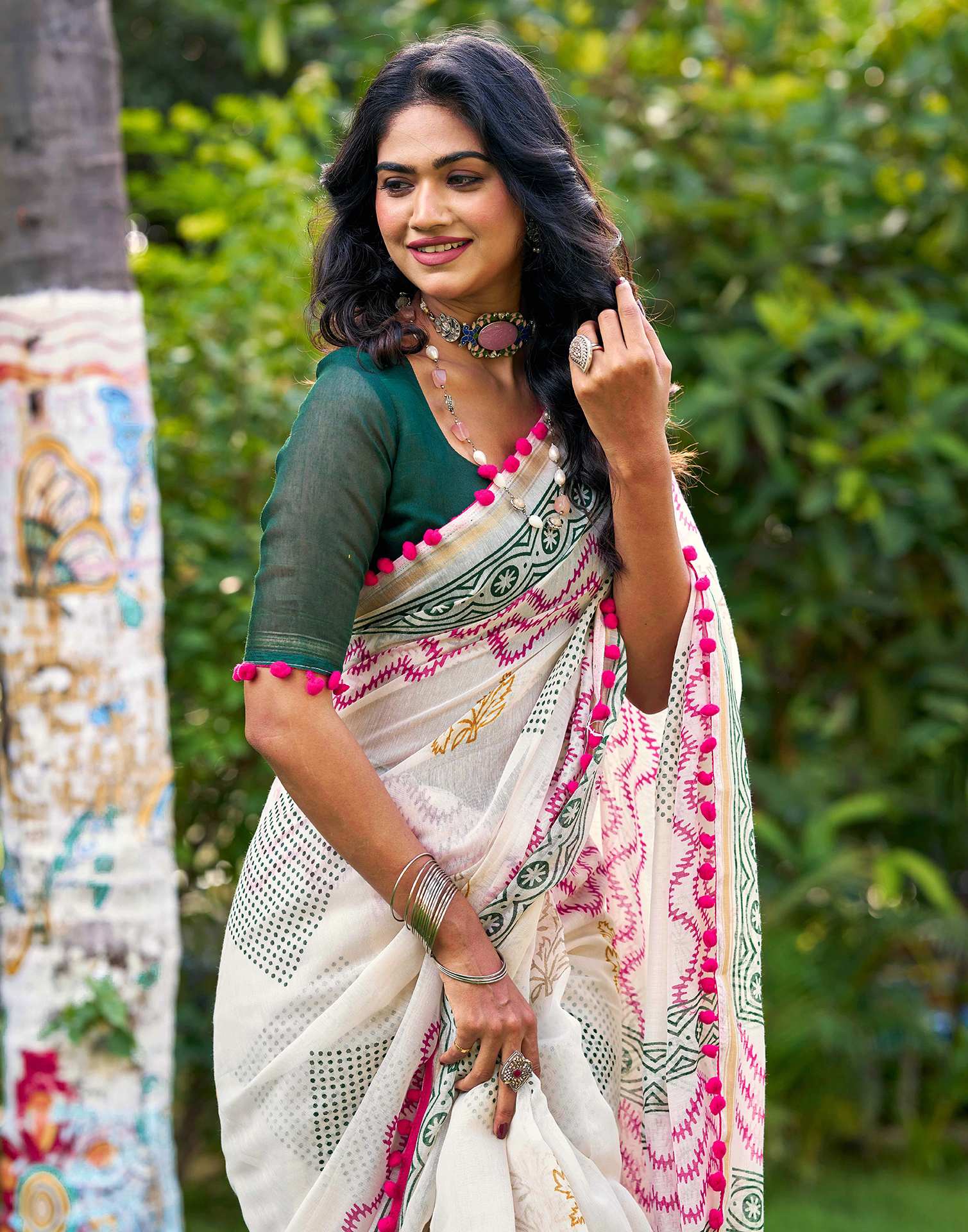Off White Chanderi Printed Saree