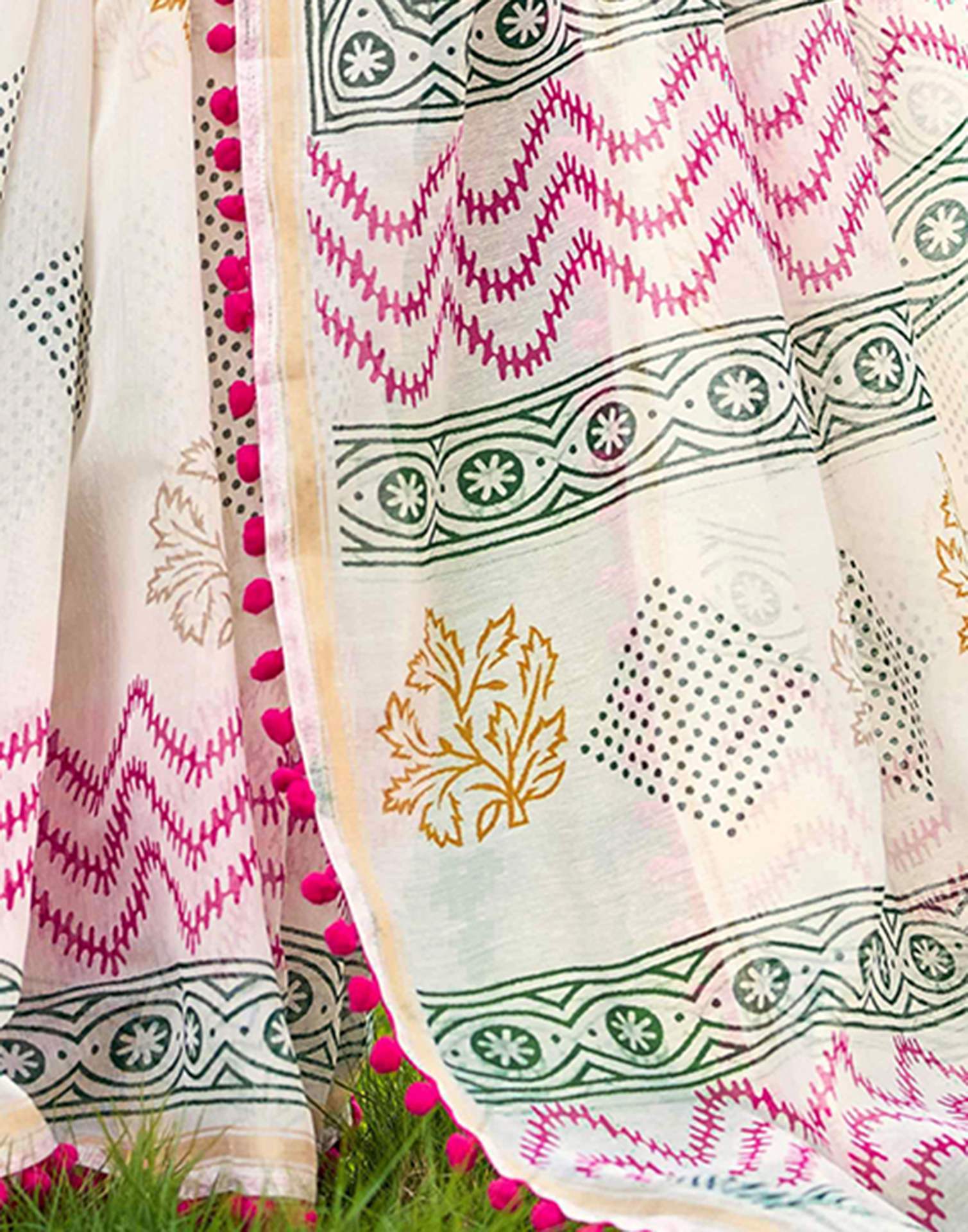 Off White Chanderi Printed Saree