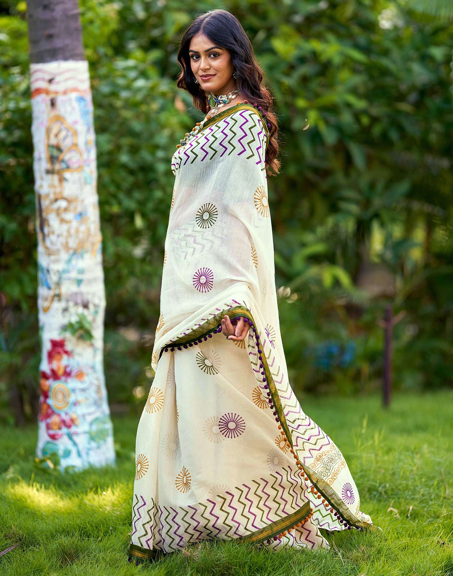 Off White Chanderi Printed Saree