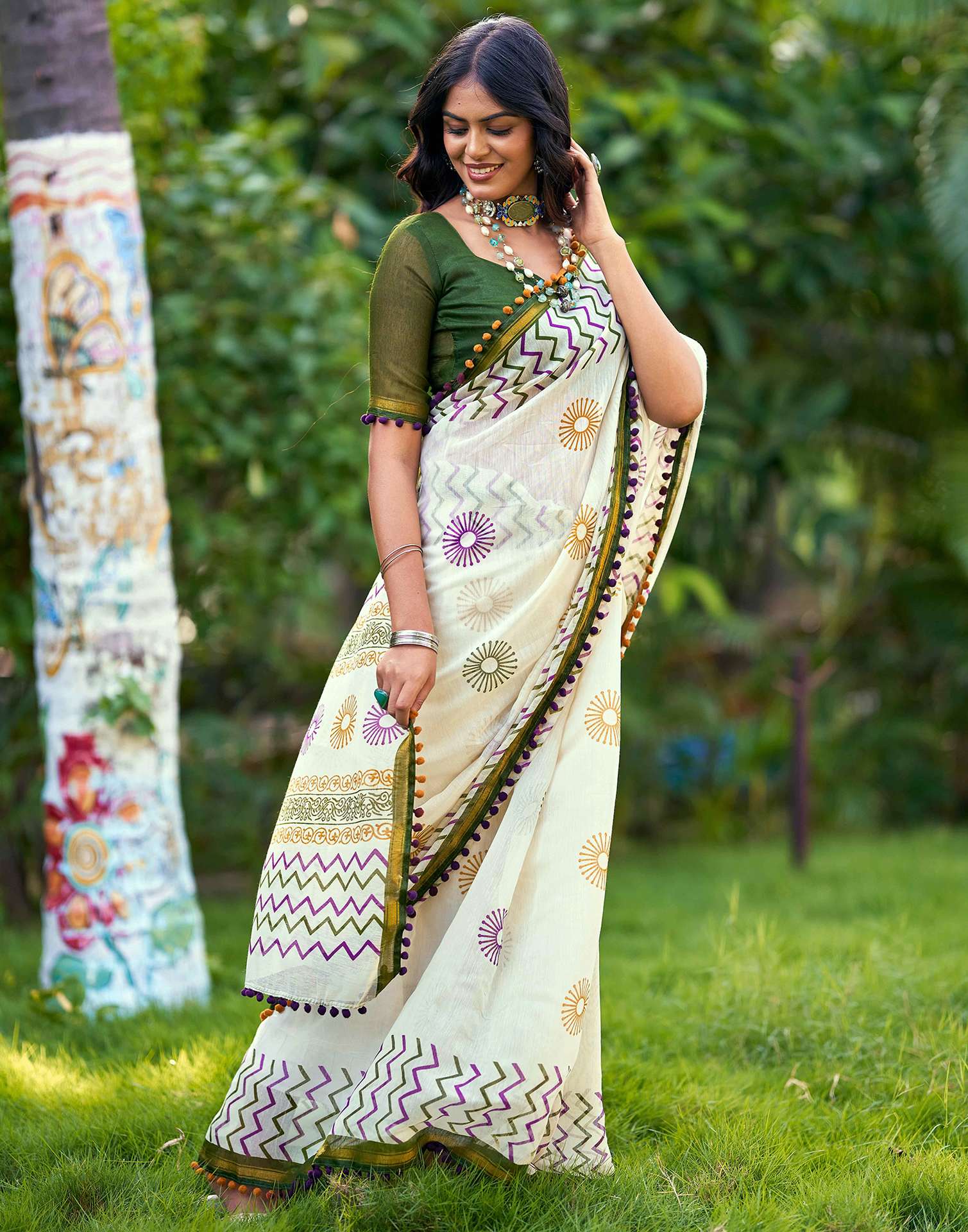 Off White Chanderi Printed Saree