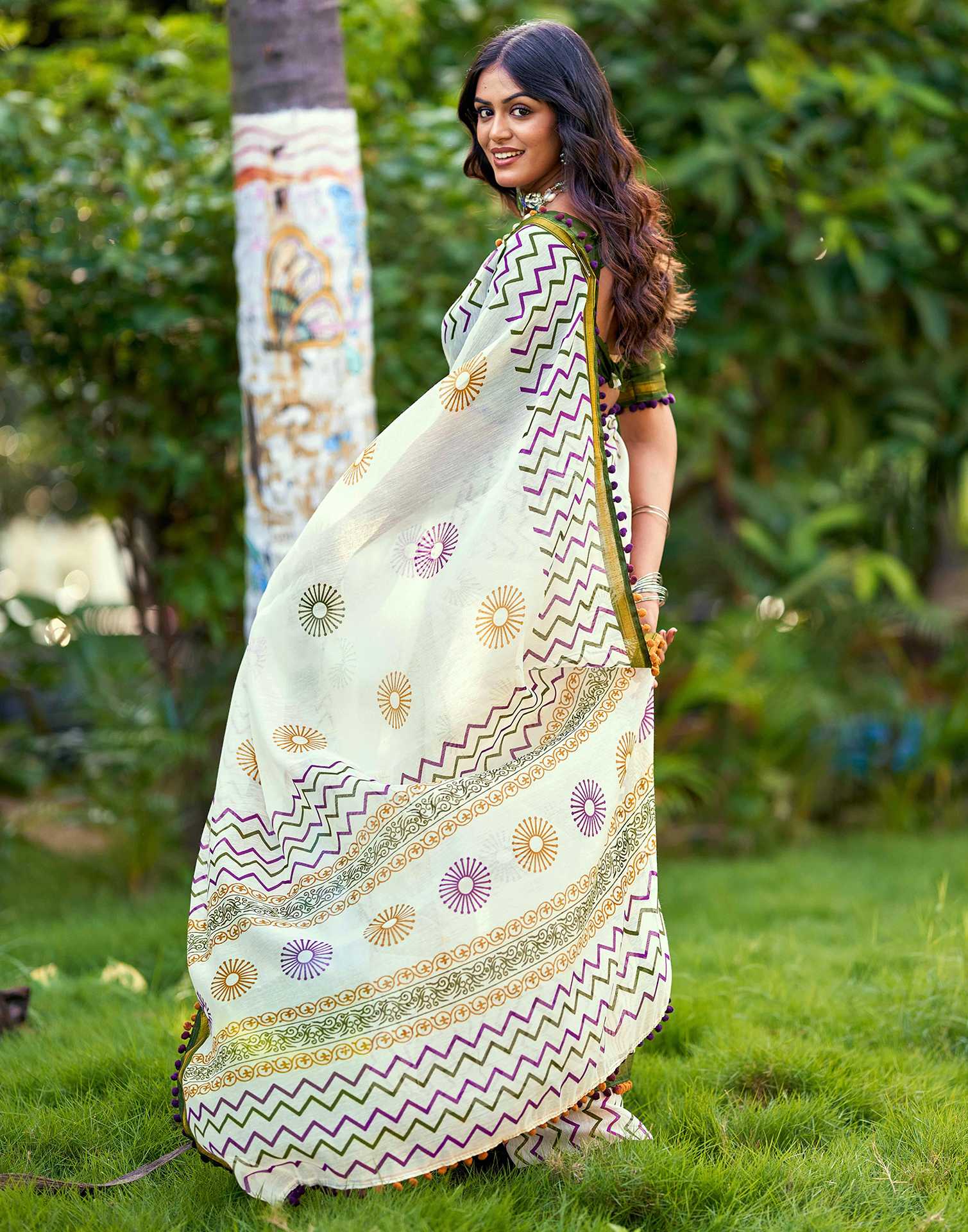 Off White Chanderi Printed Saree