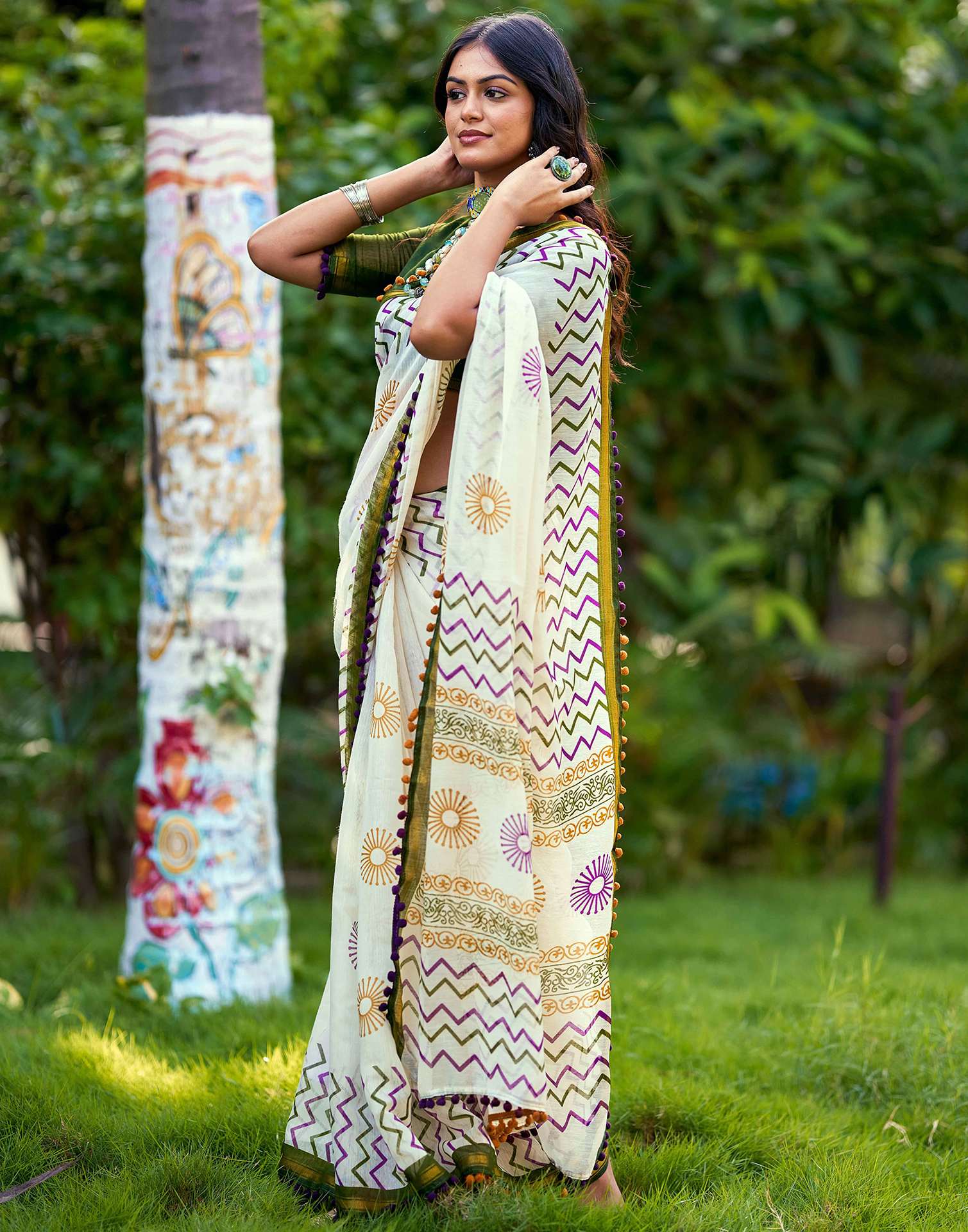 Off White Chanderi Printed Saree