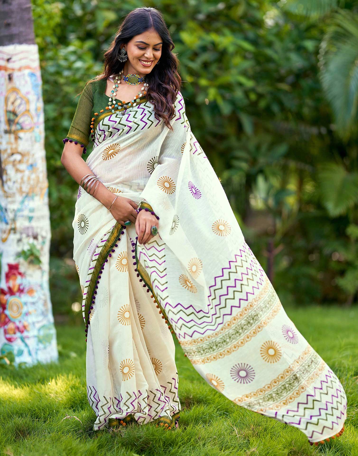 Off White Chanderi Printed Saree