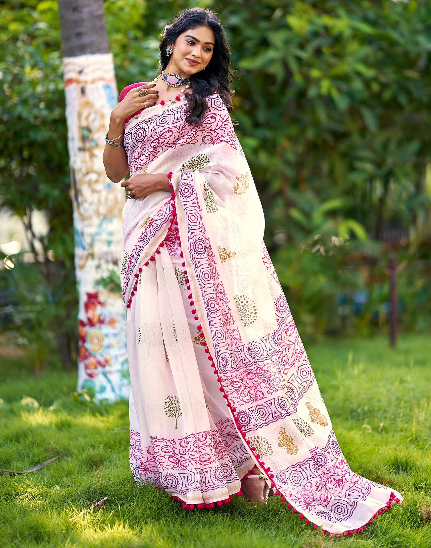 Off White Chanderi Printed Saree