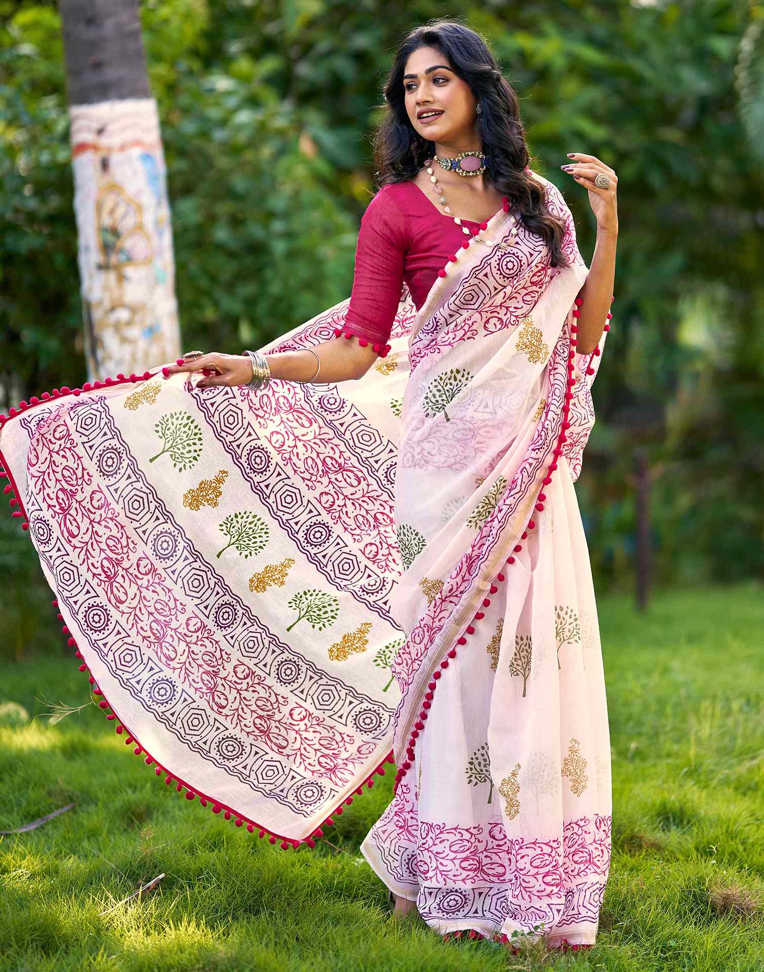 Off White Chanderi Printed Saree