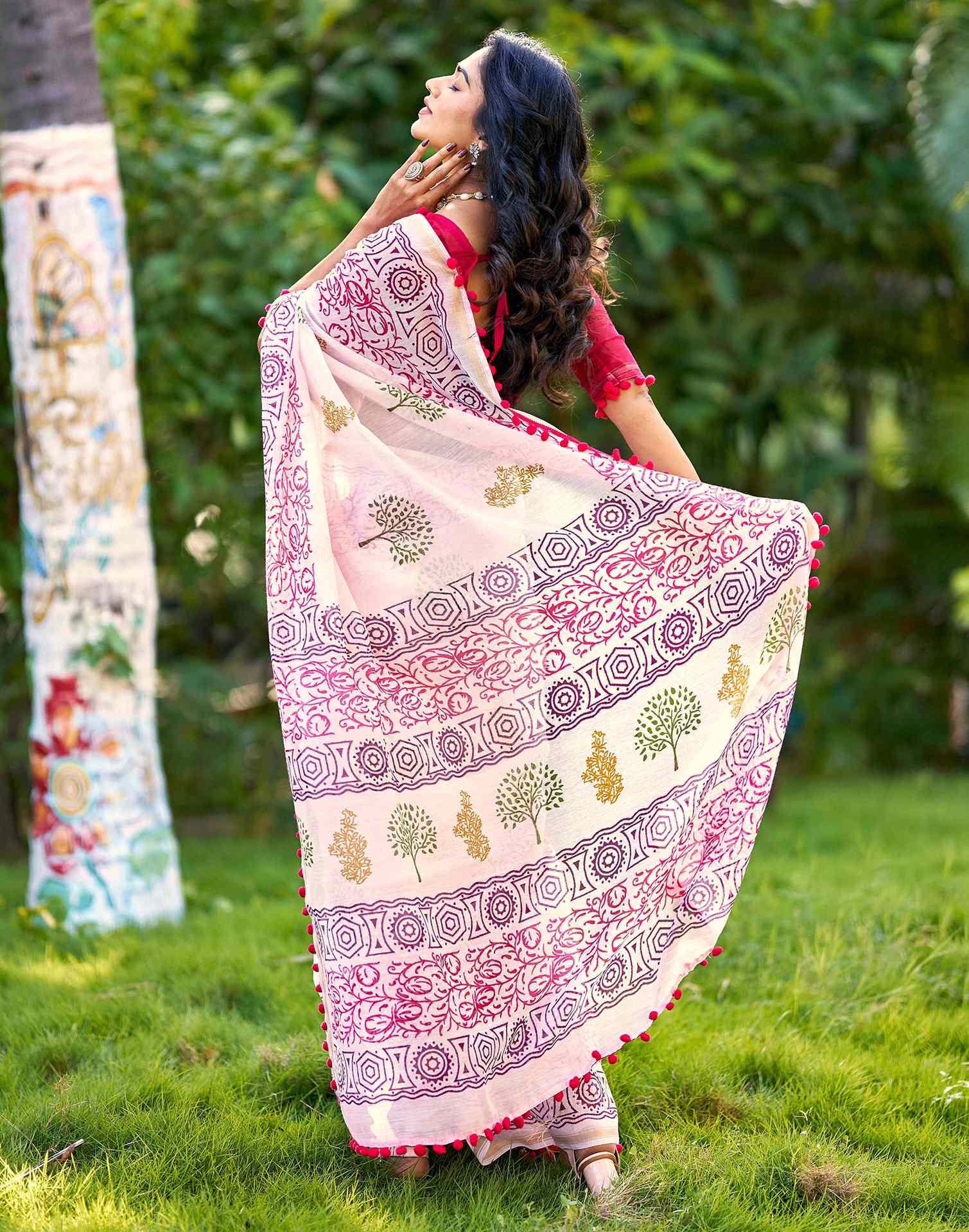 Off White Chanderi Printed Saree
