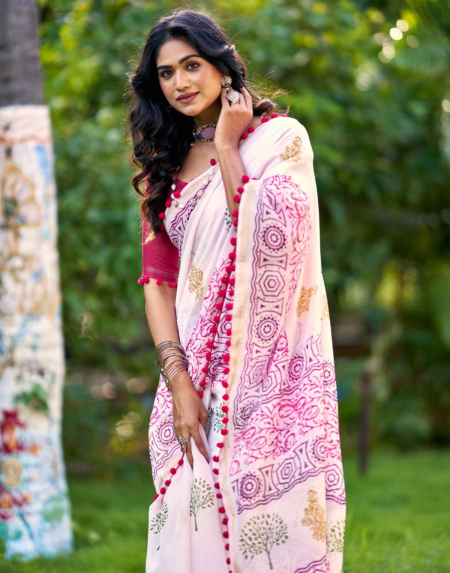 Off White Chanderi Printed Saree