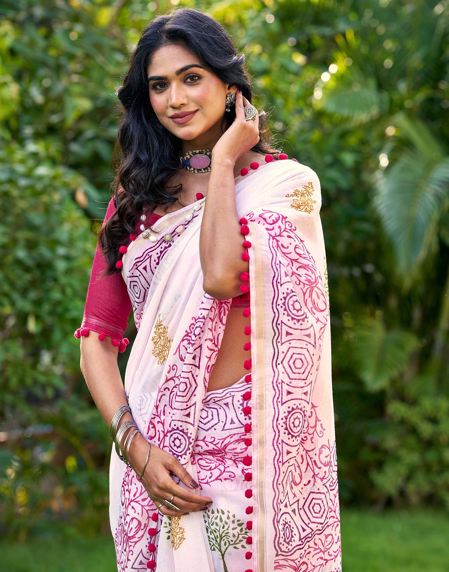 Off White Chanderi Printed Saree