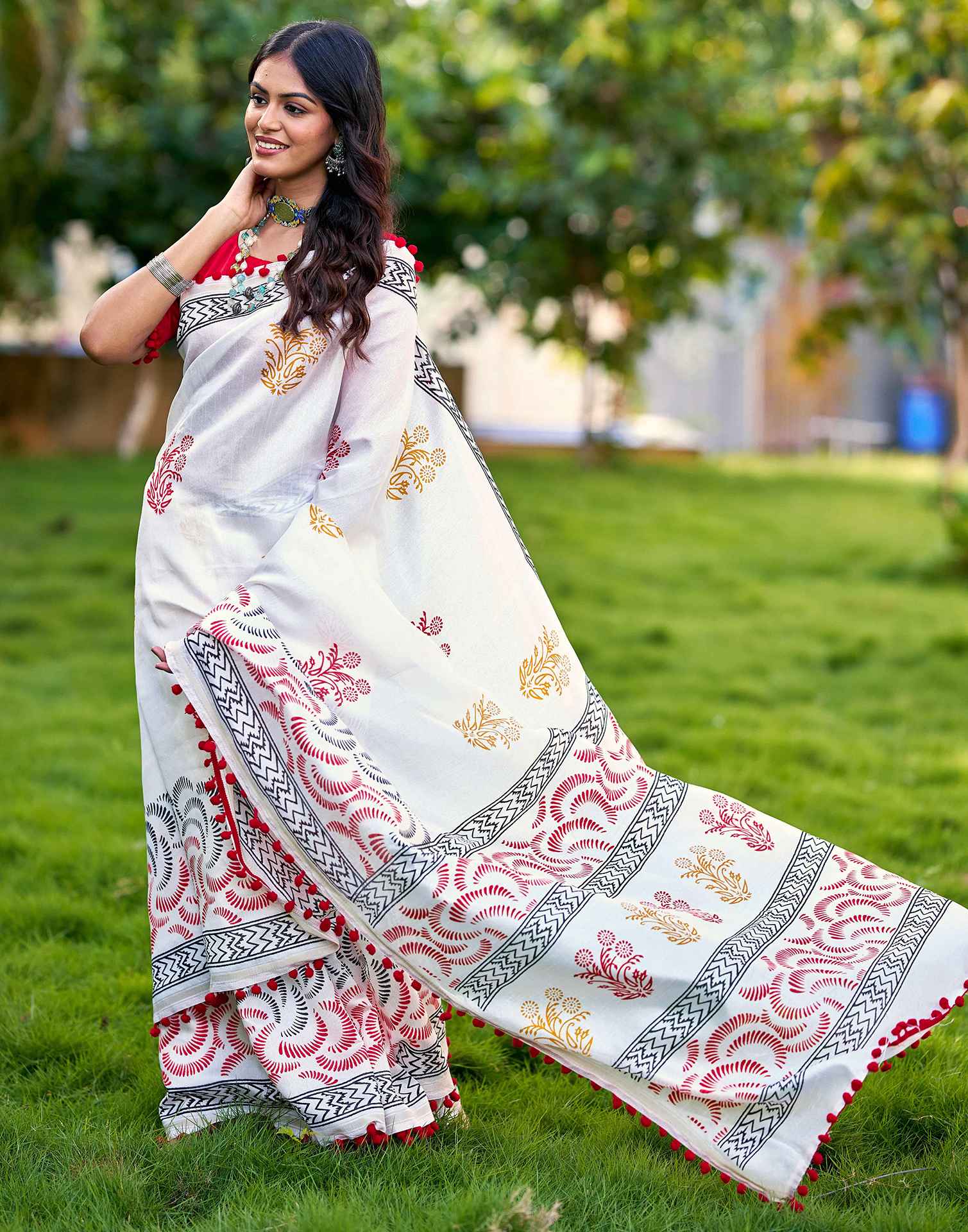 Off White Chanderi Printed Saree