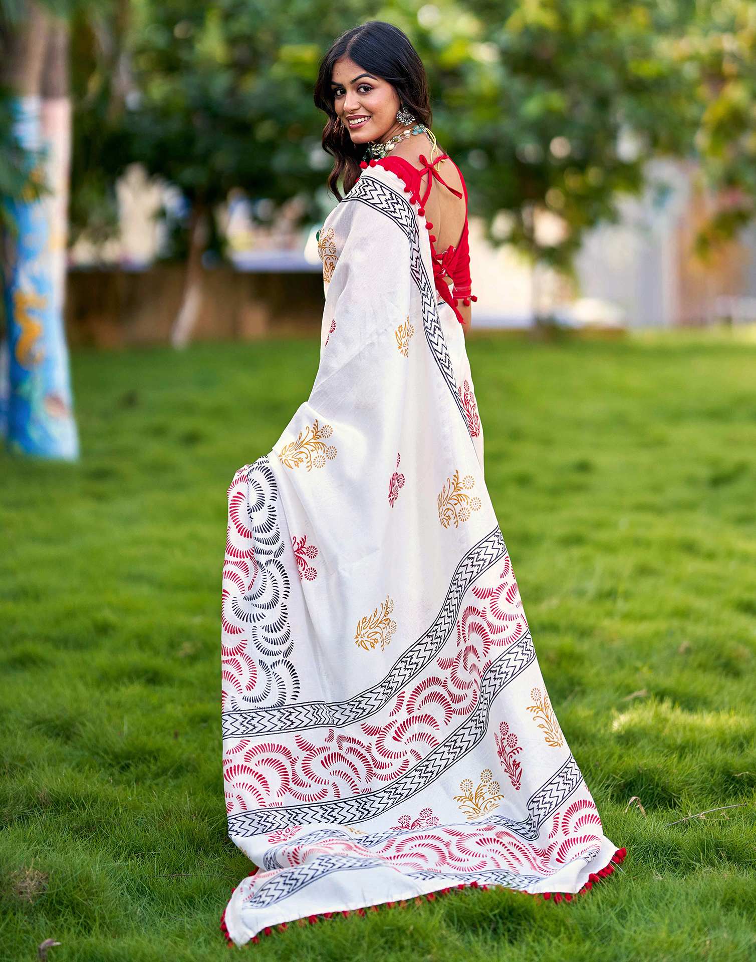 Off White Chanderi Printed Saree