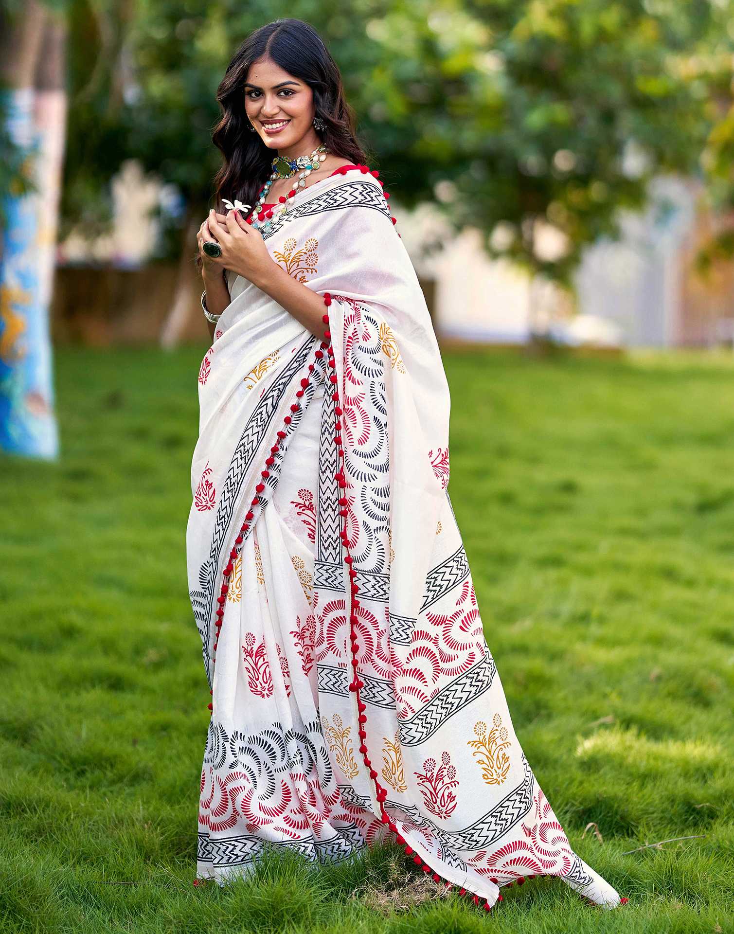Off White Chanderi Printed Saree