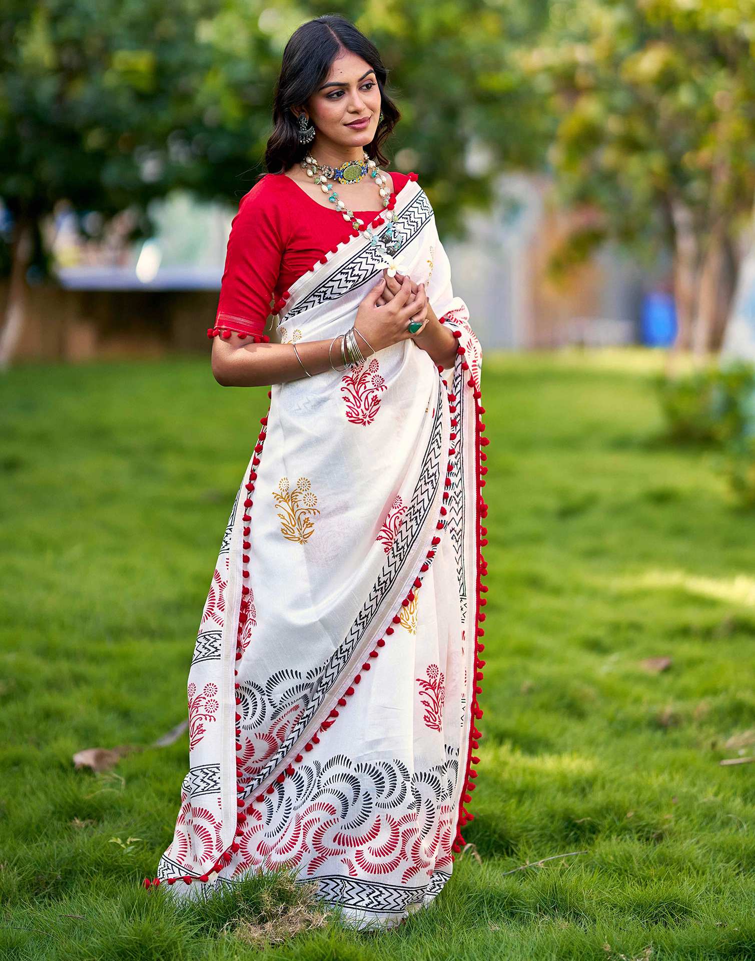 Off White Chanderi Printed Saree