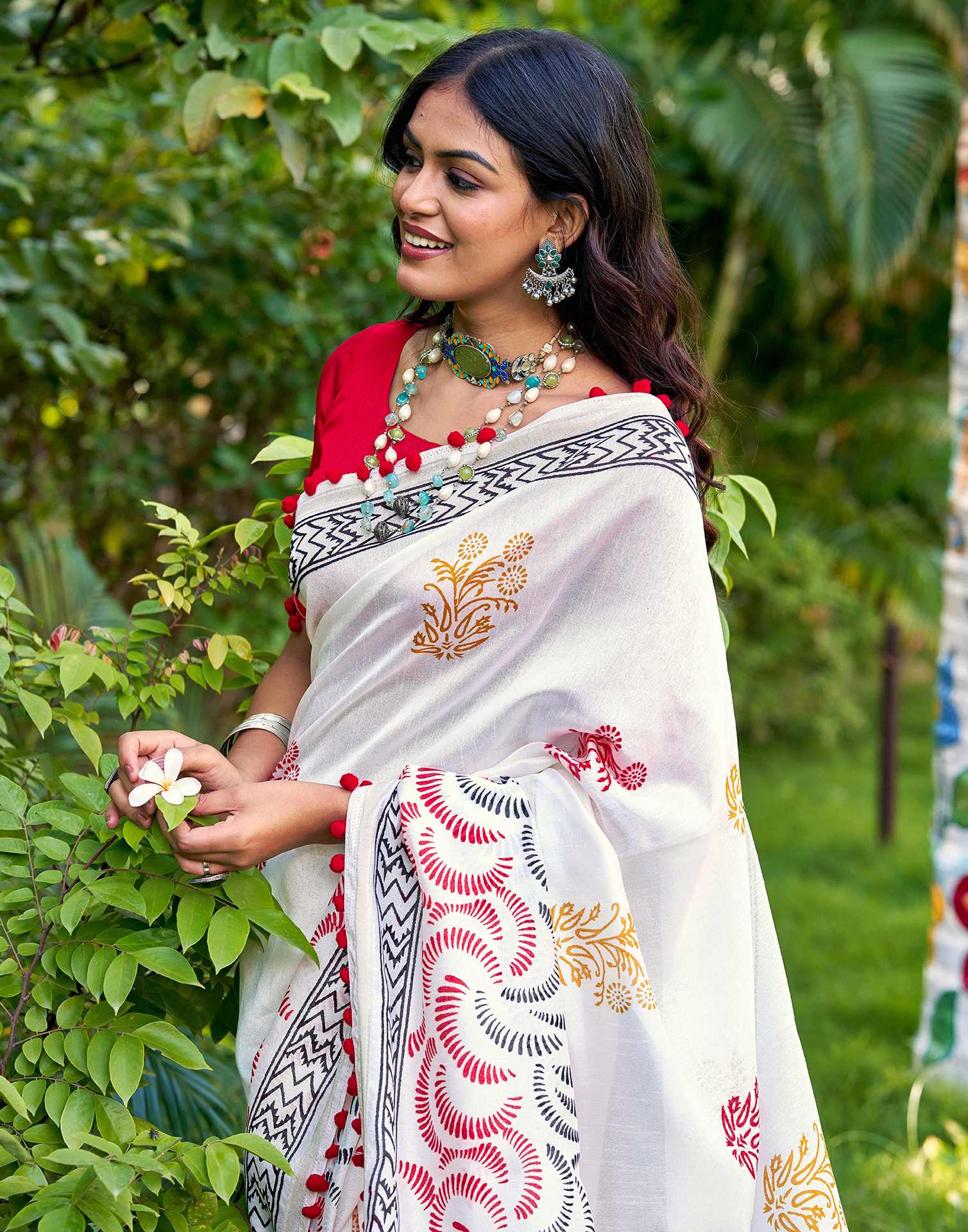 Off White Chanderi Printed Saree