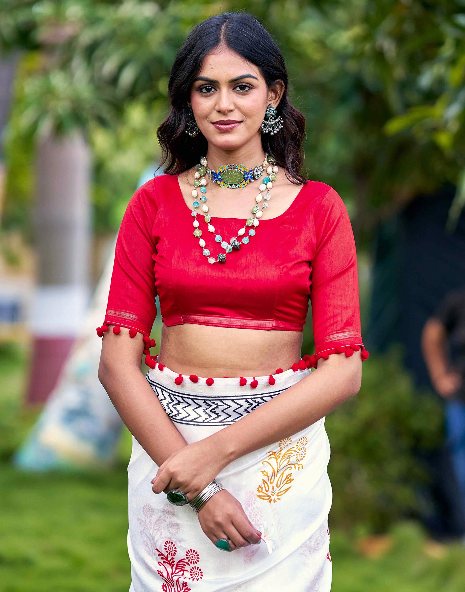 Off White Chanderi Printed Saree