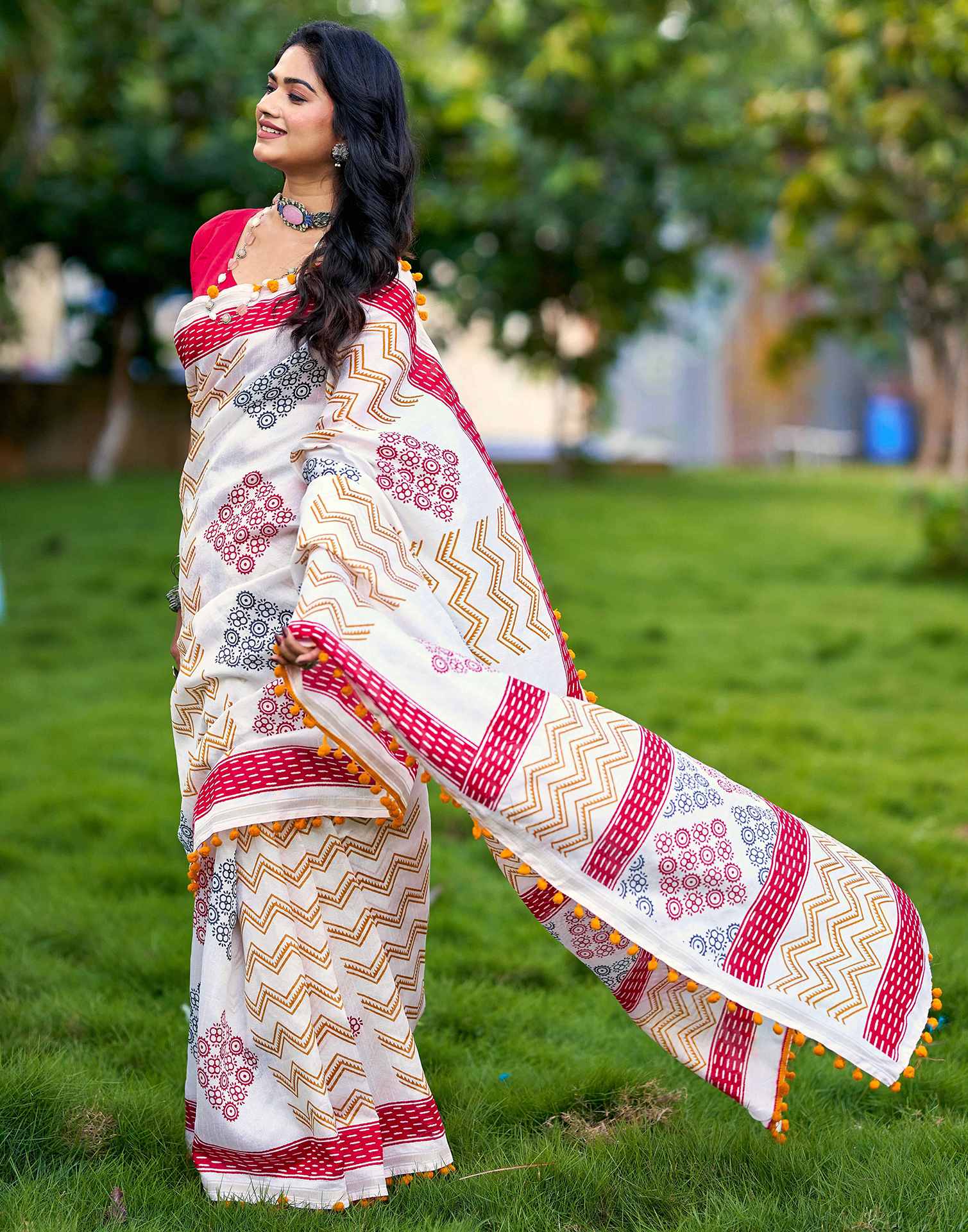 Off White Chanderi Printed Saree