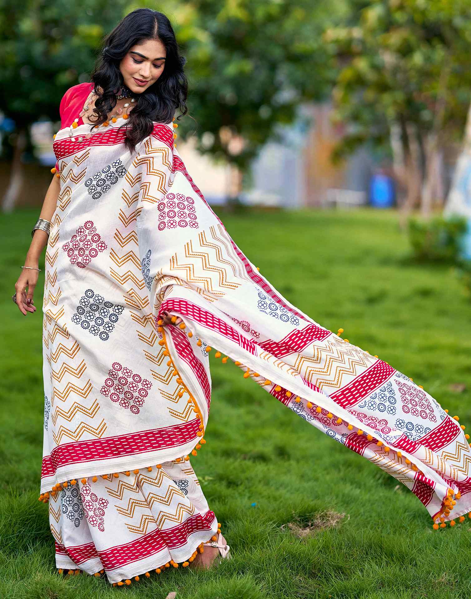 Off White Chanderi Printed Saree