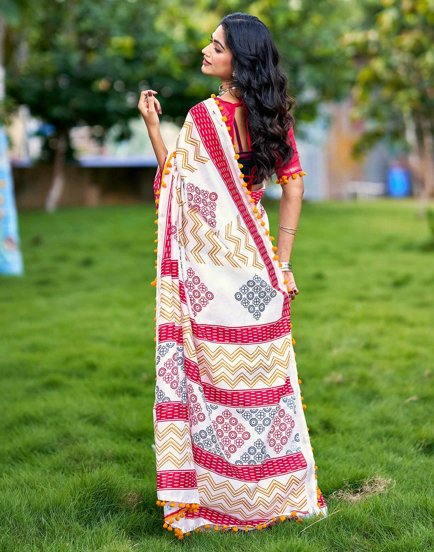 Off White Chanderi Printed Saree
