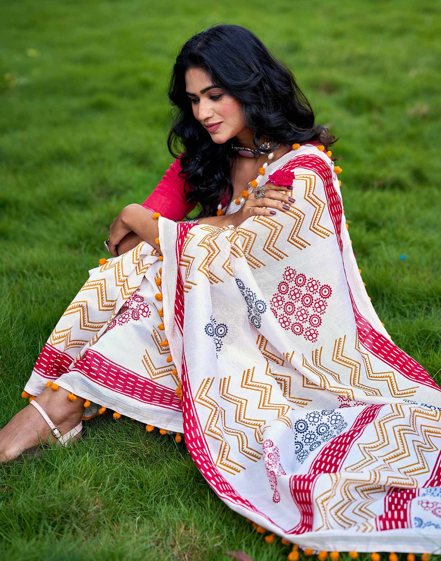 Off White Chanderi Printed Saree
