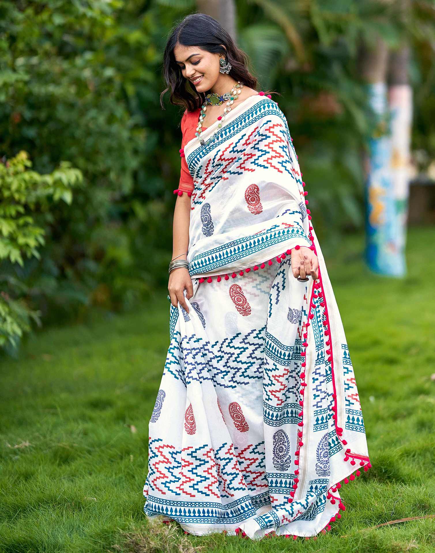 Off White Chanderi Printed Saree