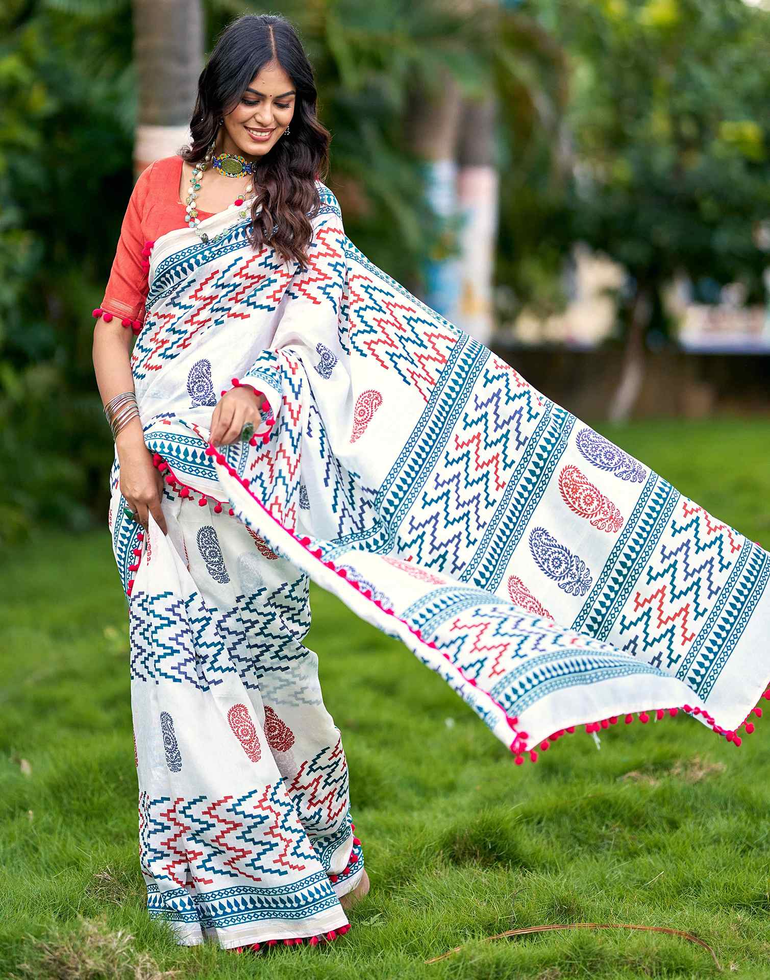 Off White Chanderi Printed Saree