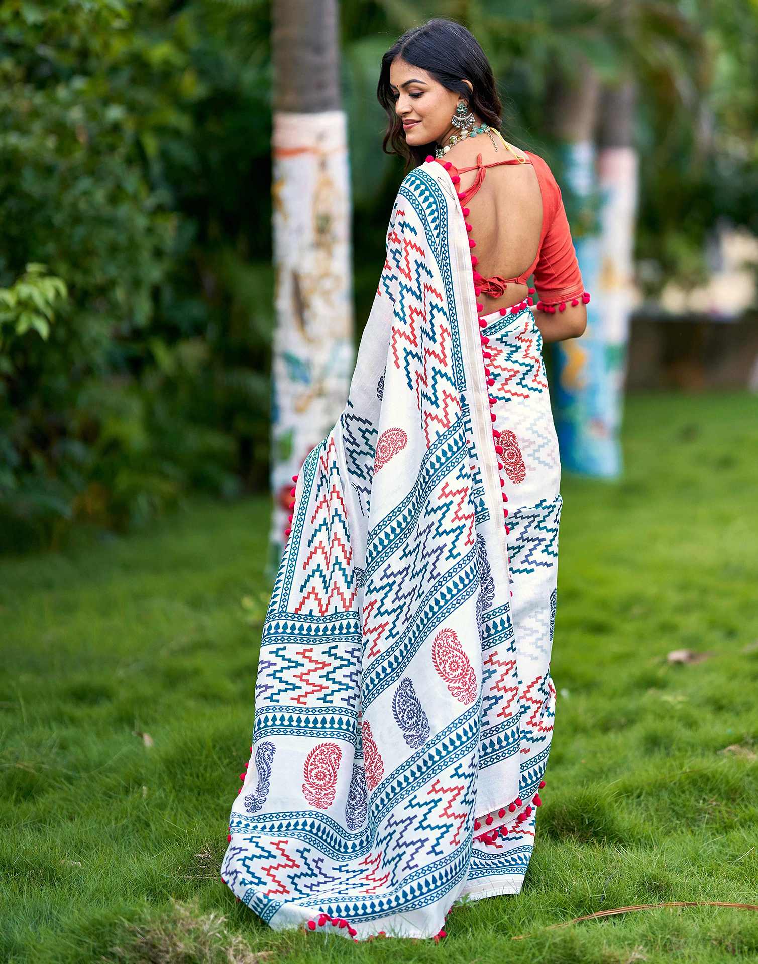 Off White Chanderi Printed Saree