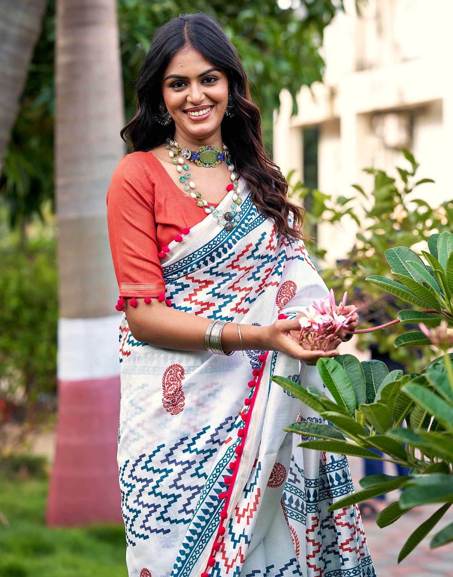 Off White Chanderi Printed Saree