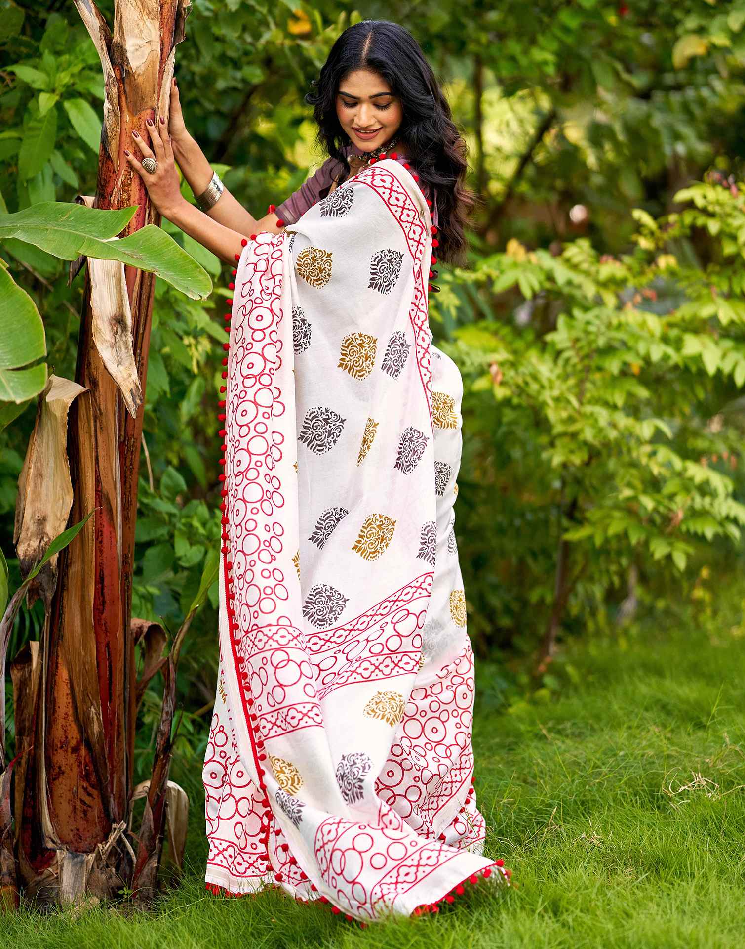 Off White Chanderi Printed Saree