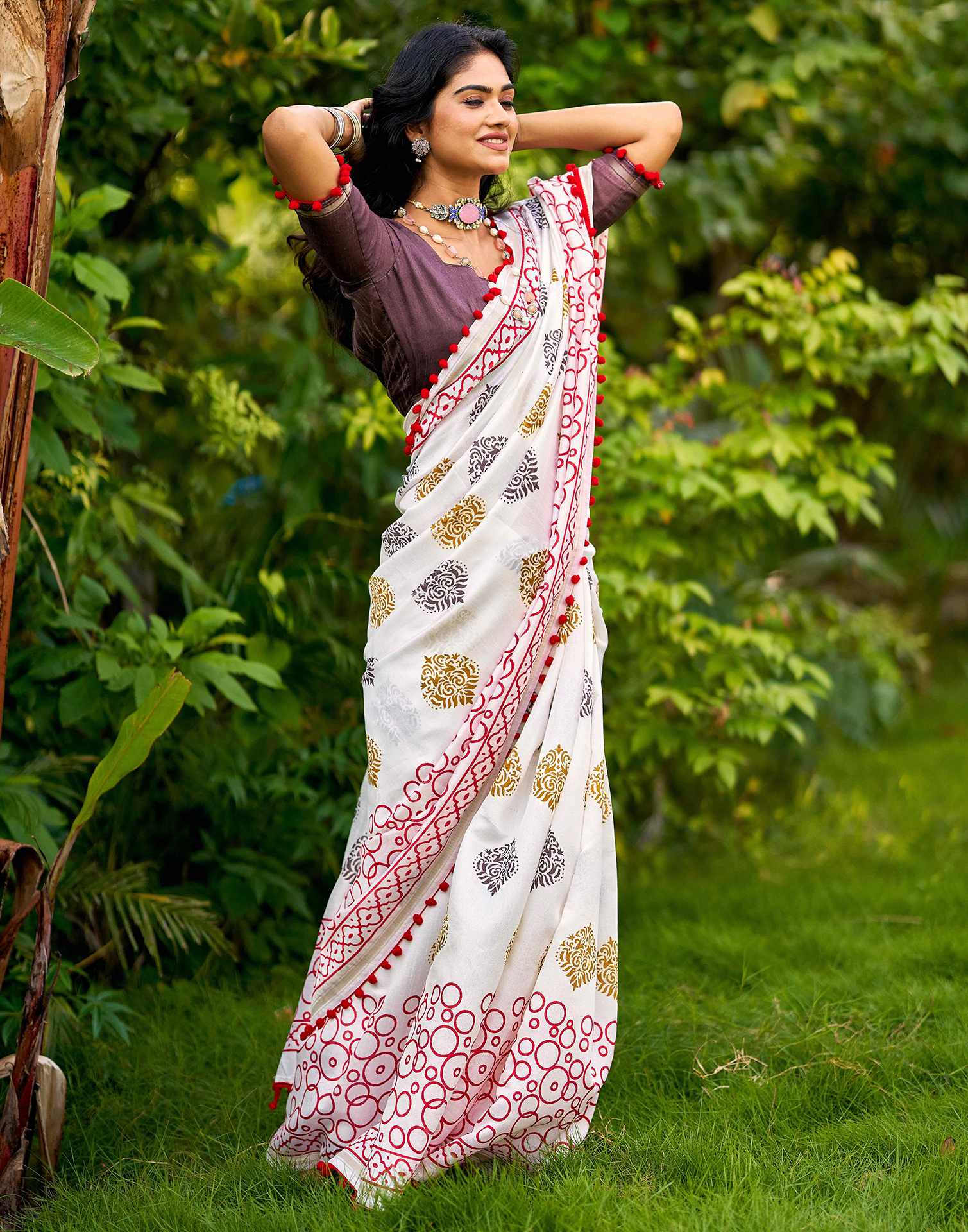 Off White Chanderi Printed Saree