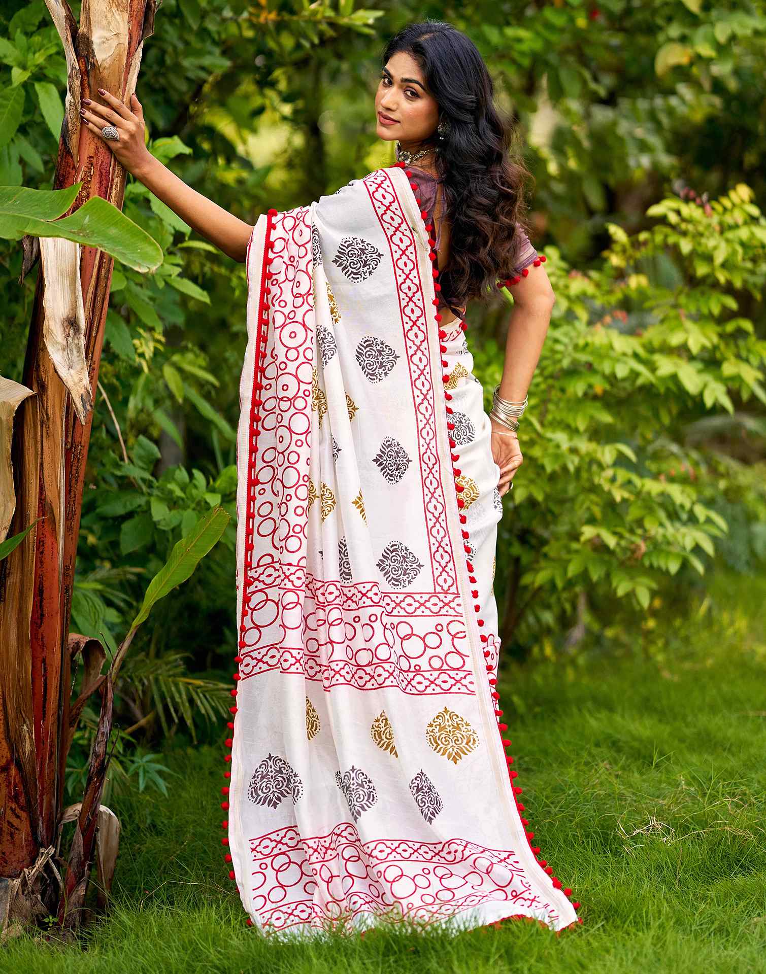Off White Chanderi Printed Saree