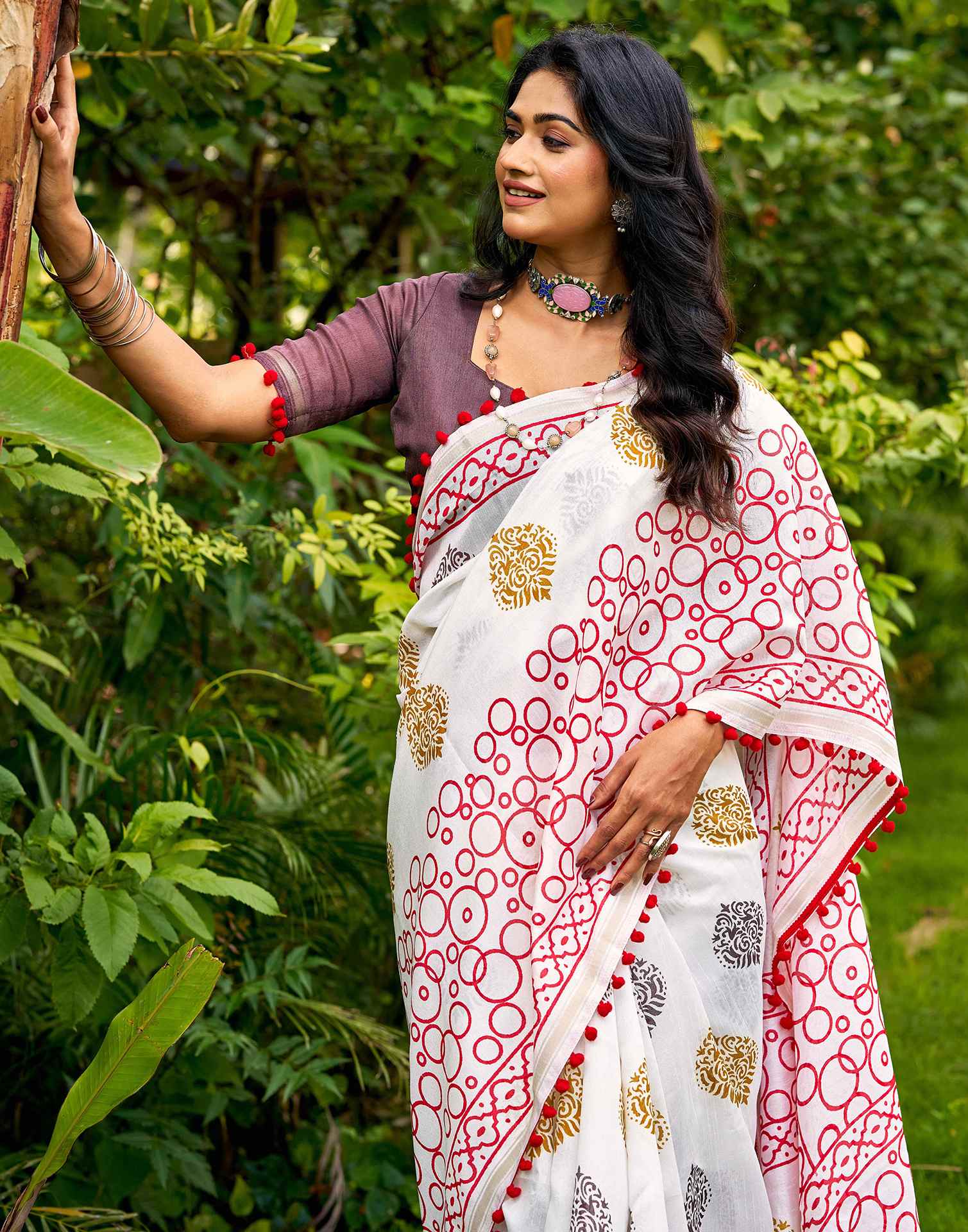 Off White Chanderi Printed Saree