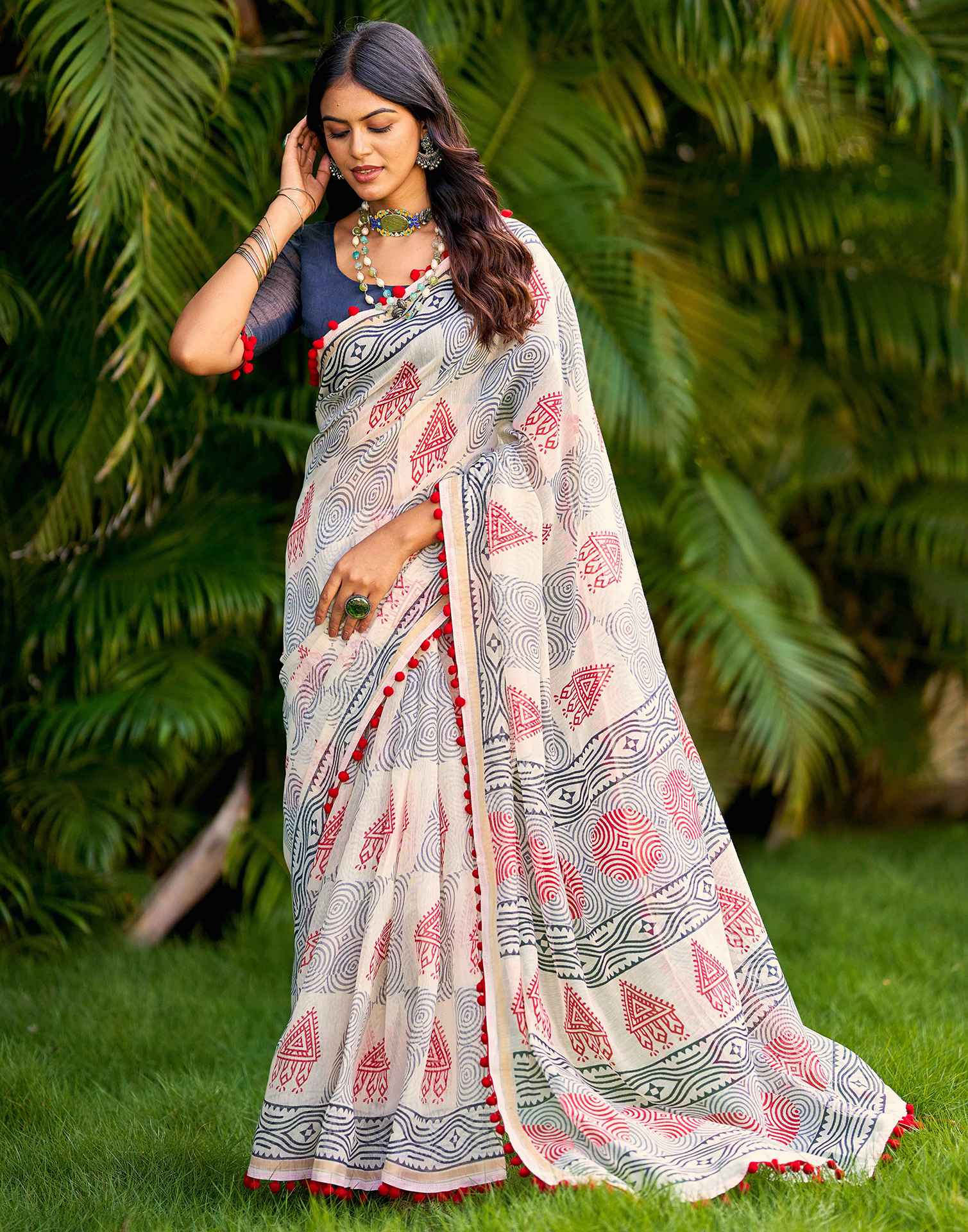 Off White Chanderi Printed Saree