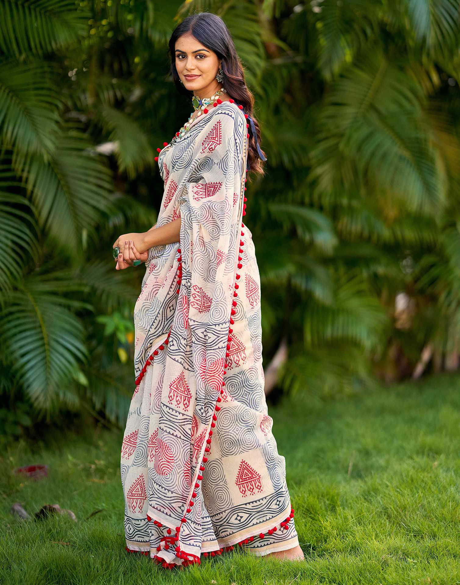 Off White Chanderi Printed Saree