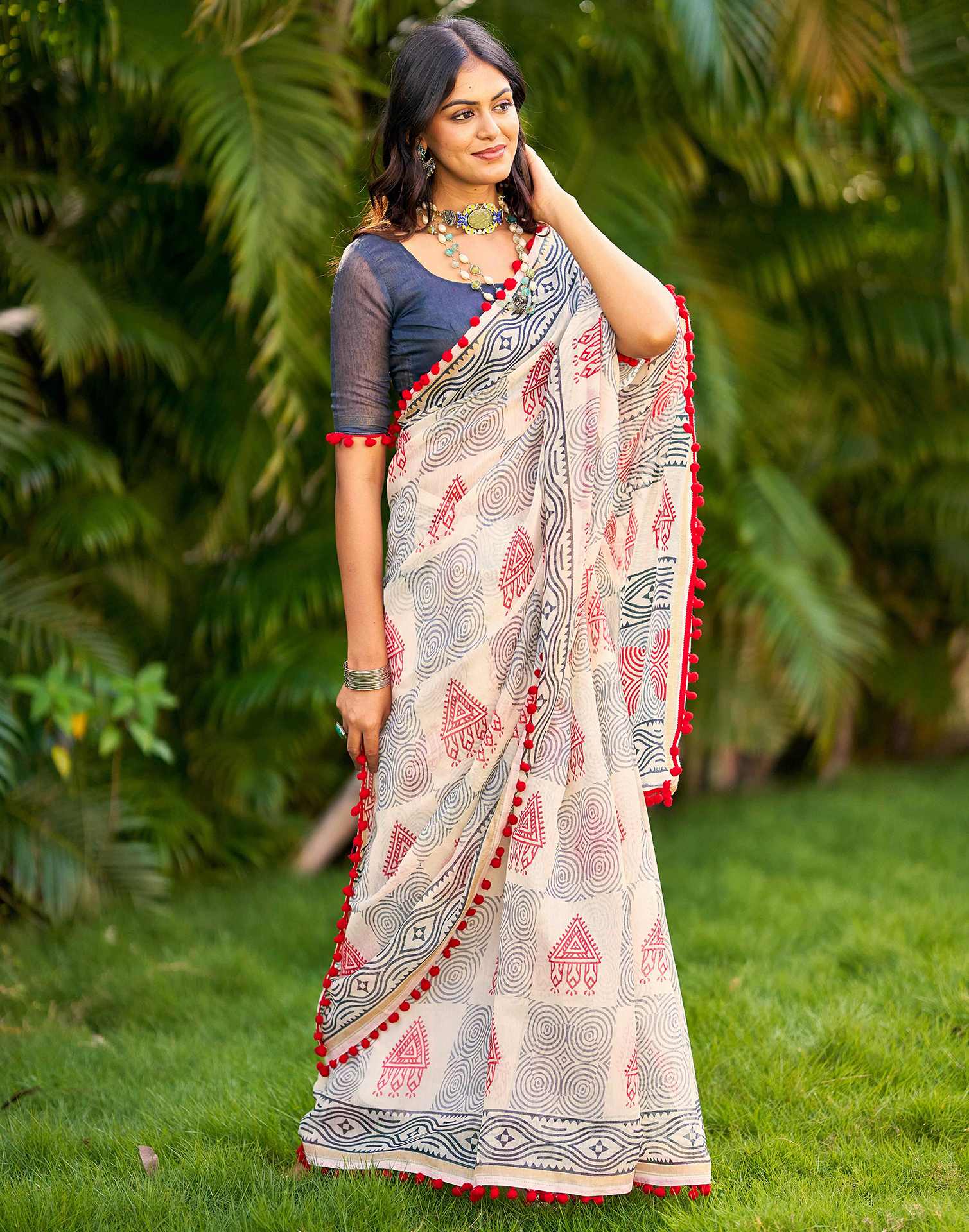Off White Chanderi Printed Saree