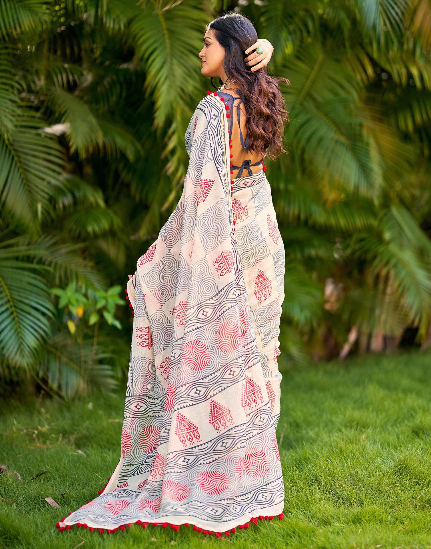 Off White Chanderi Printed Saree