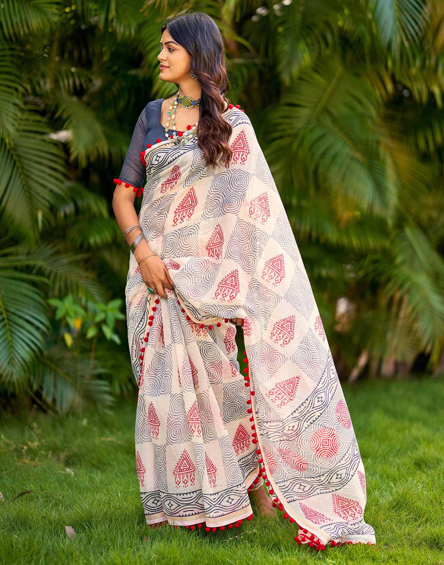 Off White Chanderi Printed Saree