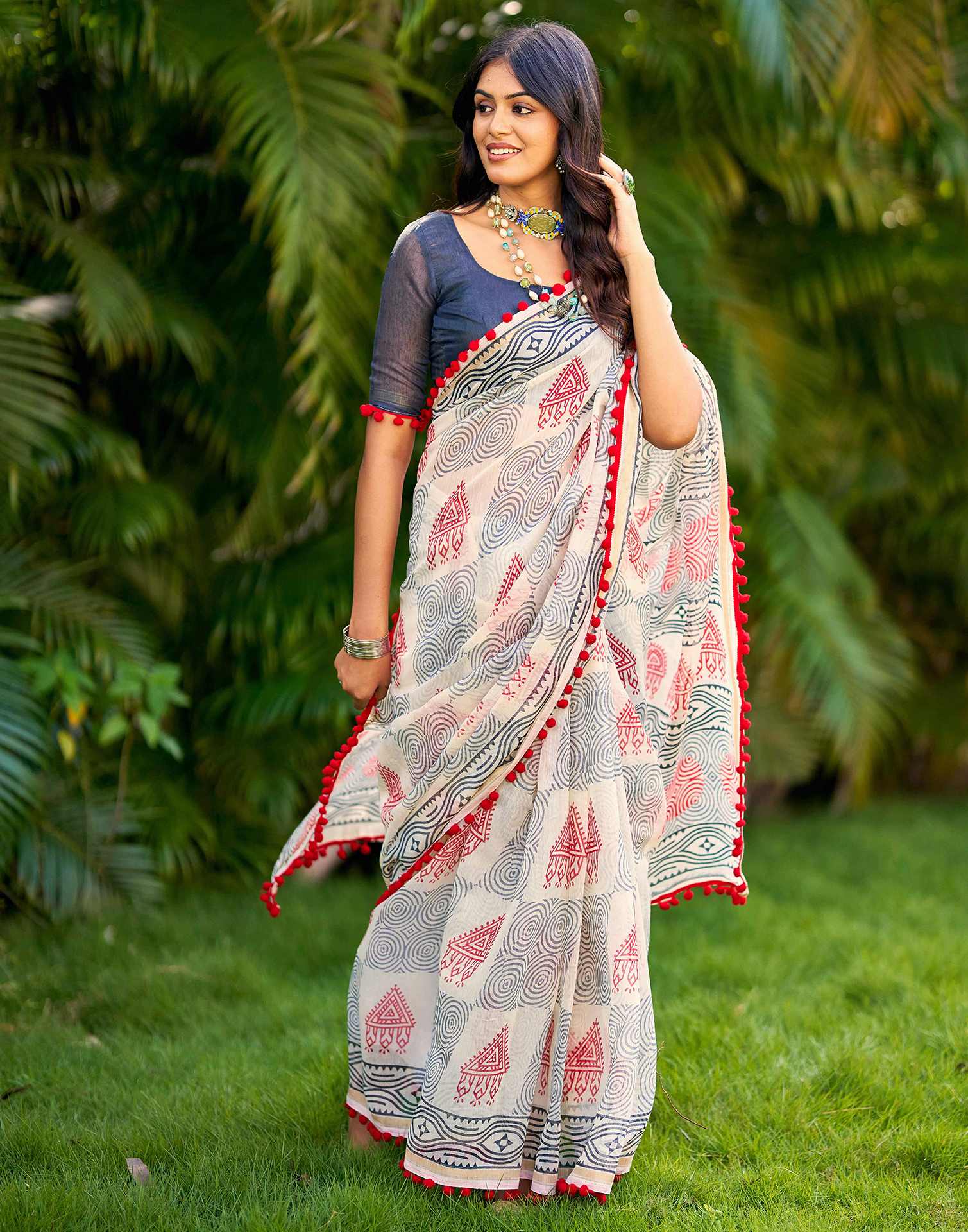 Off White Chanderi Printed Saree