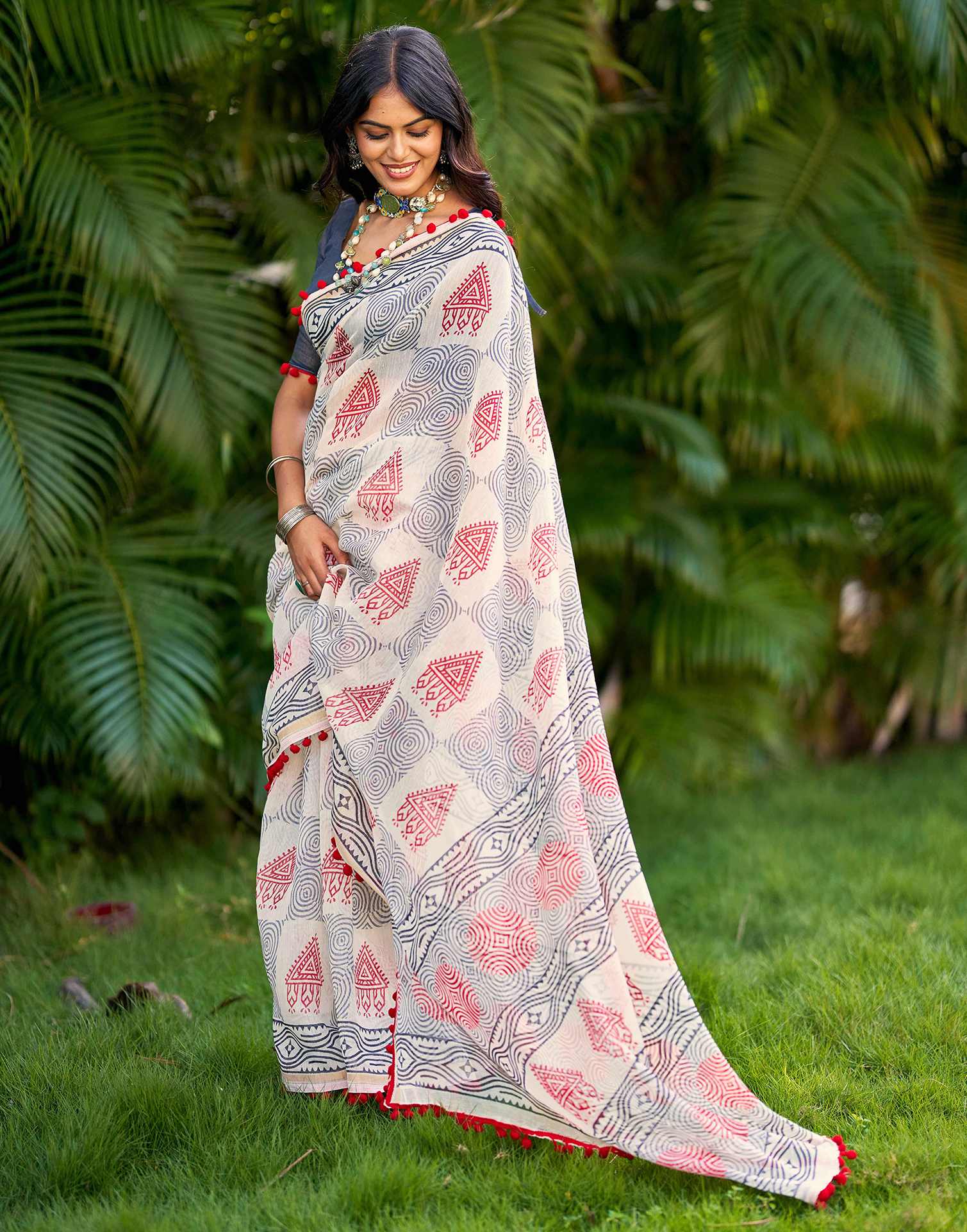 Off White Chanderi Printed Saree