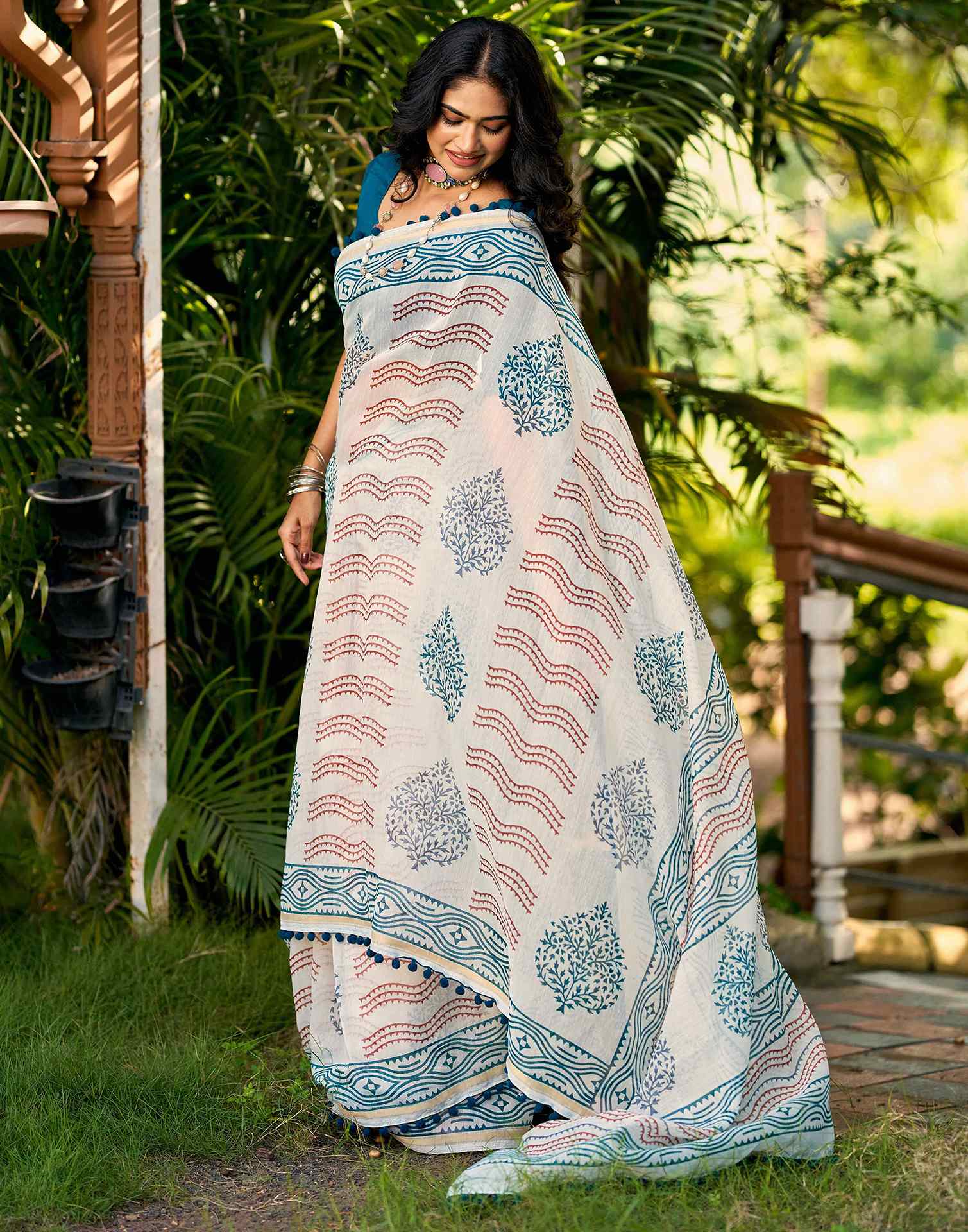 Off White Chanderi Printed Saree