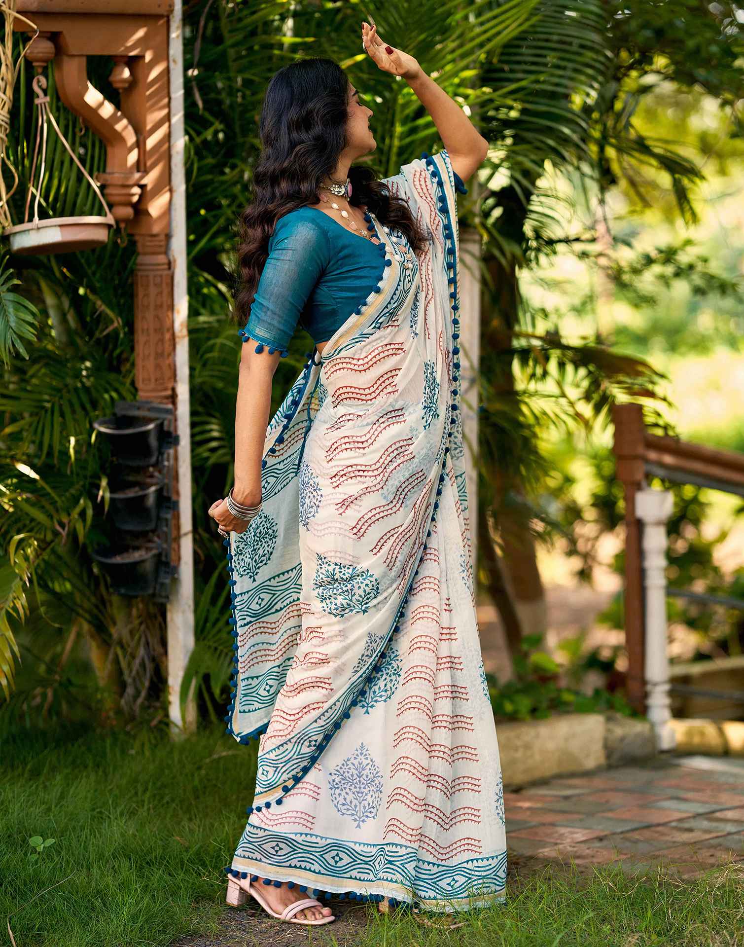 Off White Chanderi Printed Saree