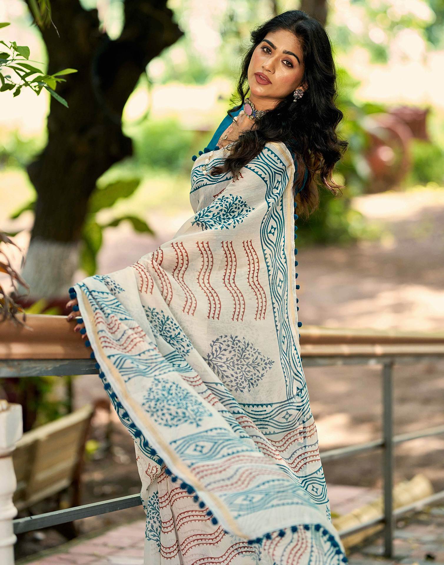 Off White Chanderi Printed Saree