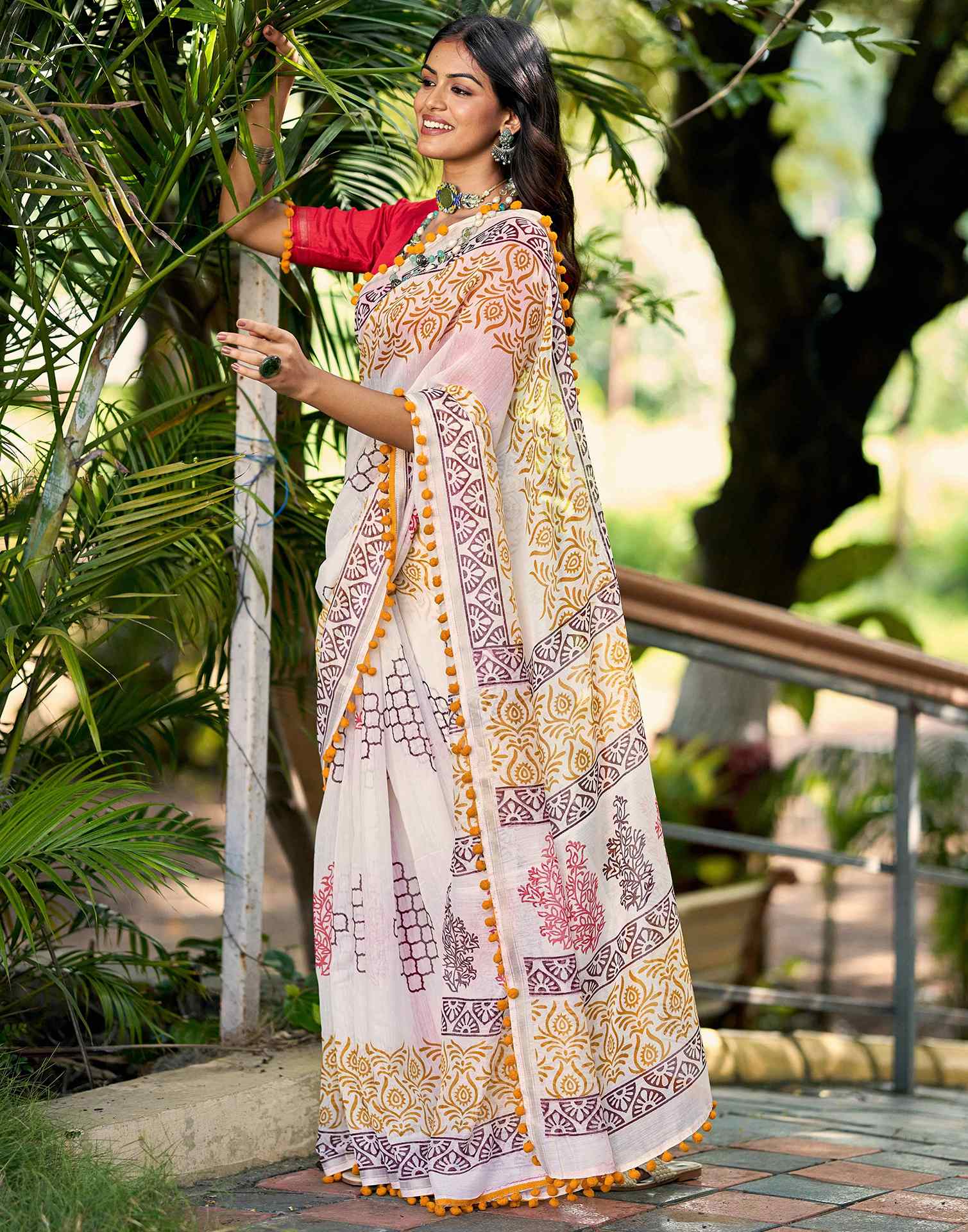 Off White Chanderi Printed Saree