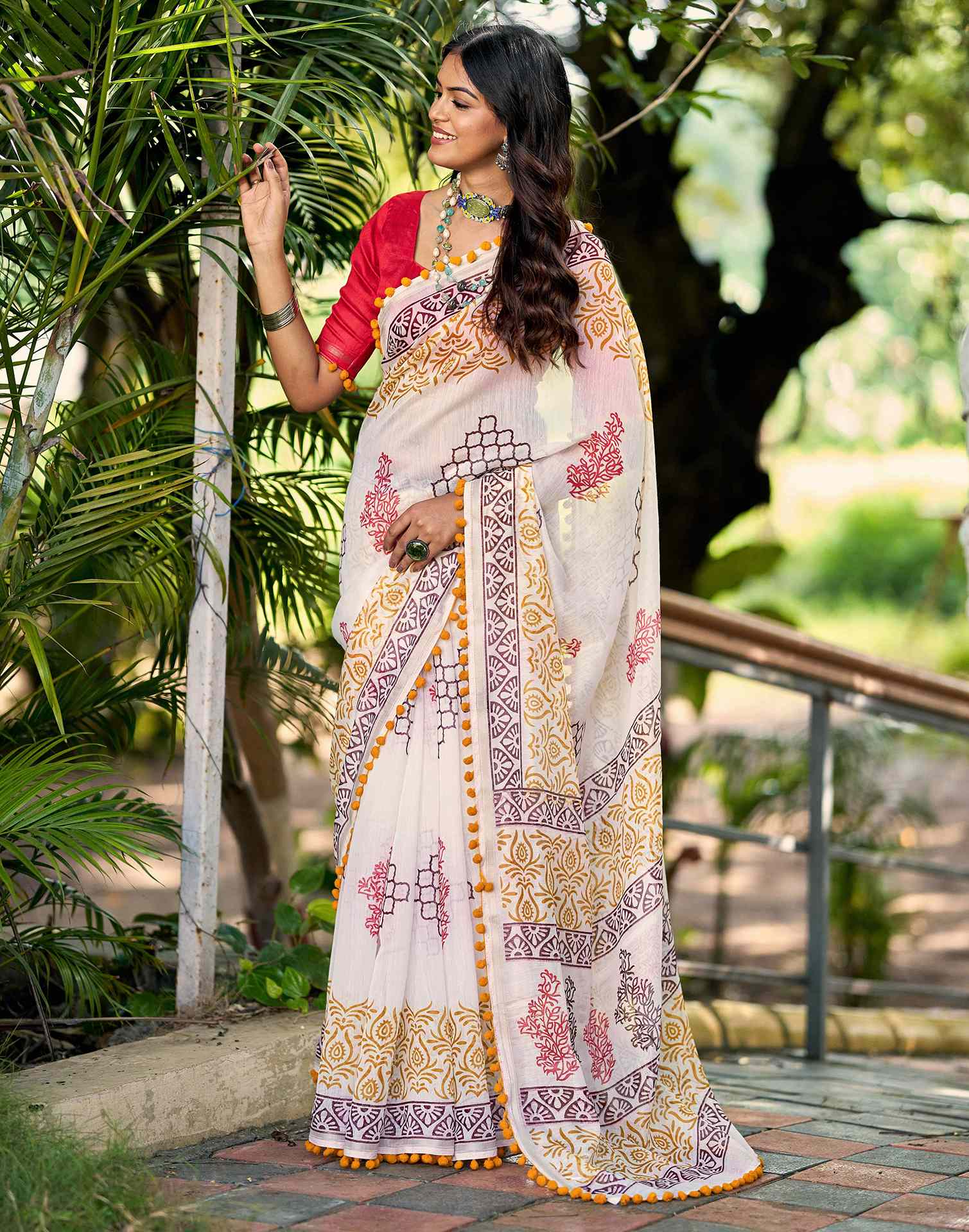 Off White Chanderi Printed Saree