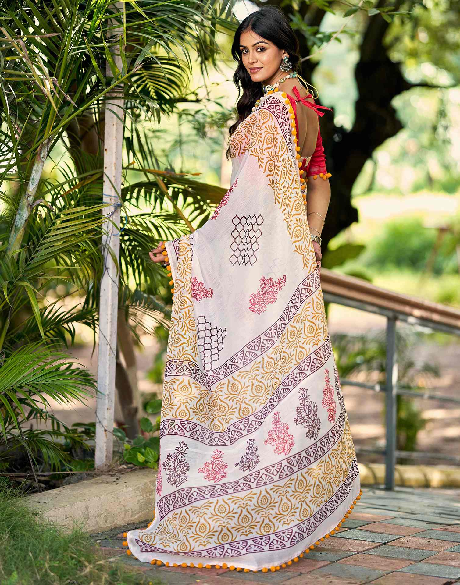 Off White Chanderi Printed Saree