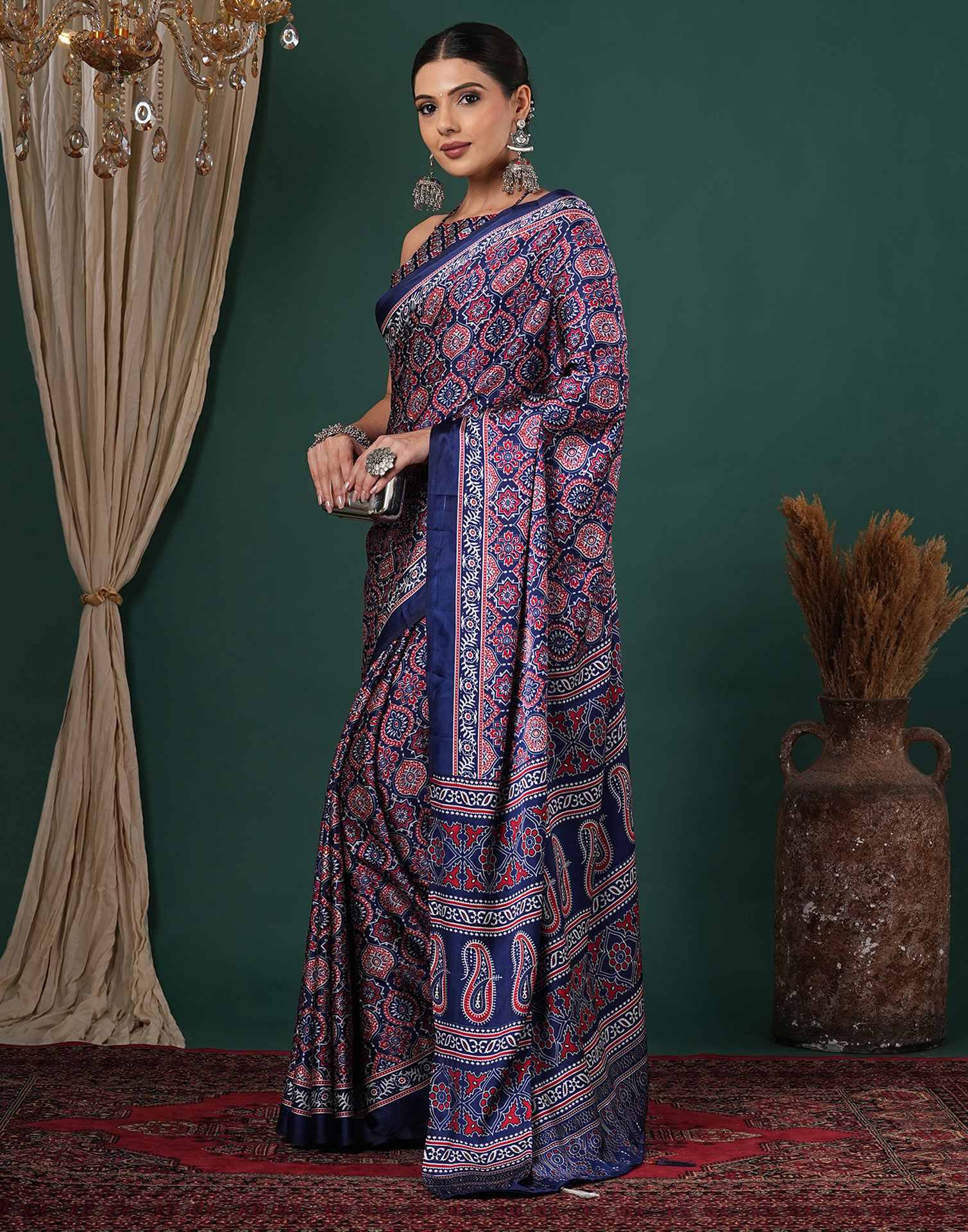 Navy Blue Satin Printed Saree