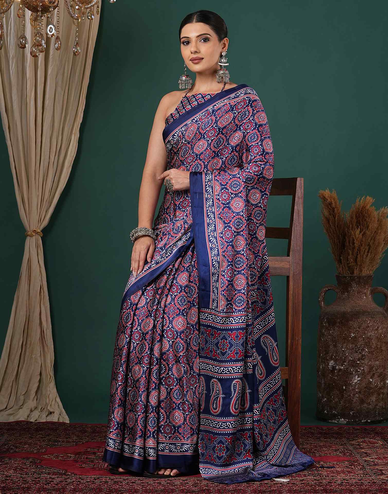 Navy Blue Satin Printed Saree